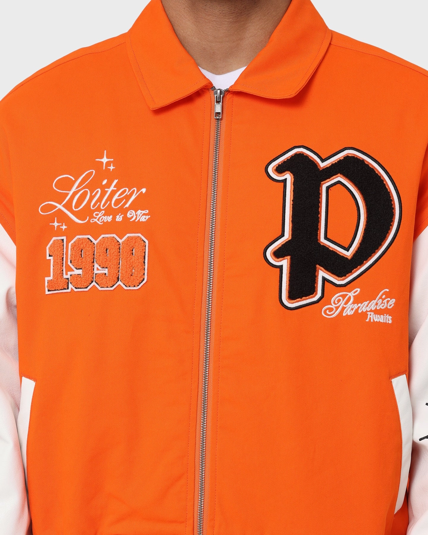 Slim Fit Cut Journal Loiter Paradise Varsity Jacket Orange