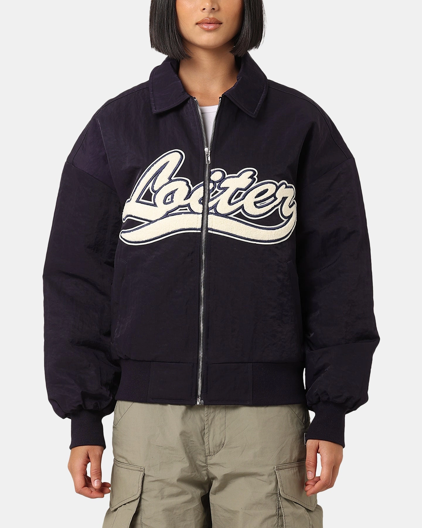 Loiter Pitch Varsity Jacket Navy Zip Off Detailing Windshield Coat