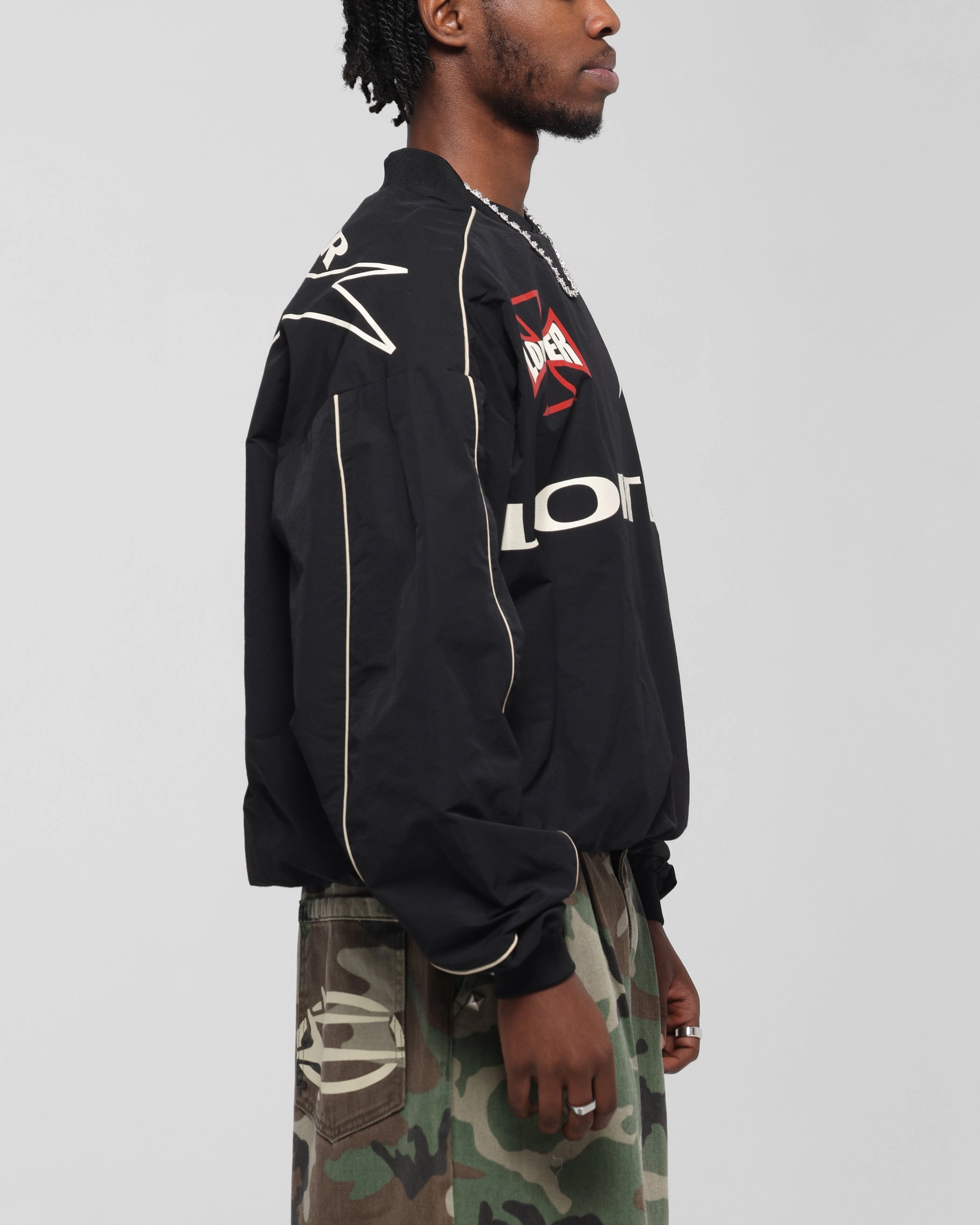 Stretchable Knit Material Mesh Panel Ventilation Loiter Racer Nylon Jersey Crewneck Black