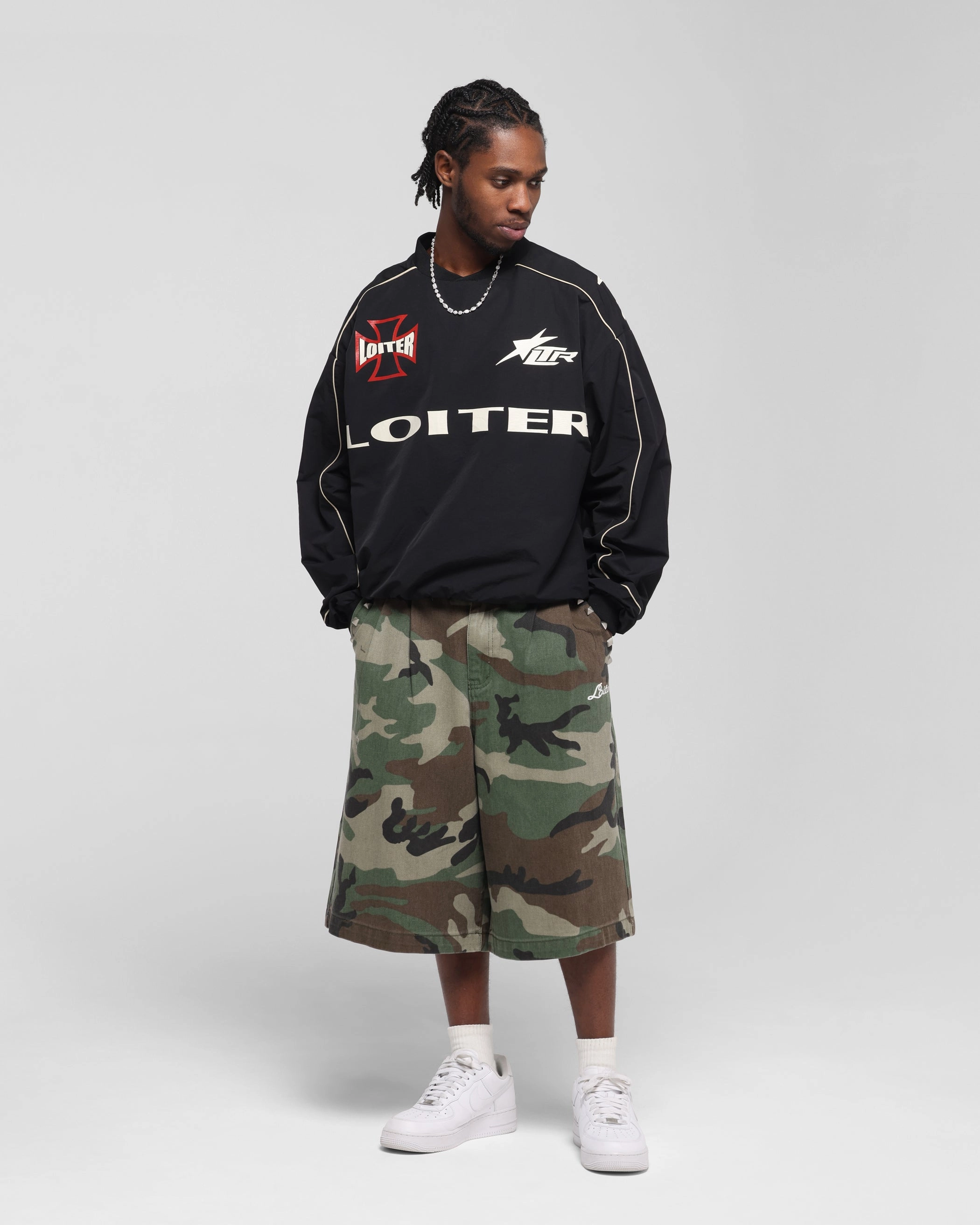Loiter Racer Nylon Jersey Crewneck Black Double Stitched Hem Versatile Wear