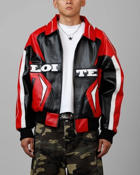 Loiter Racer Vegan Leather Jacket Red/Black Drop Hood Style