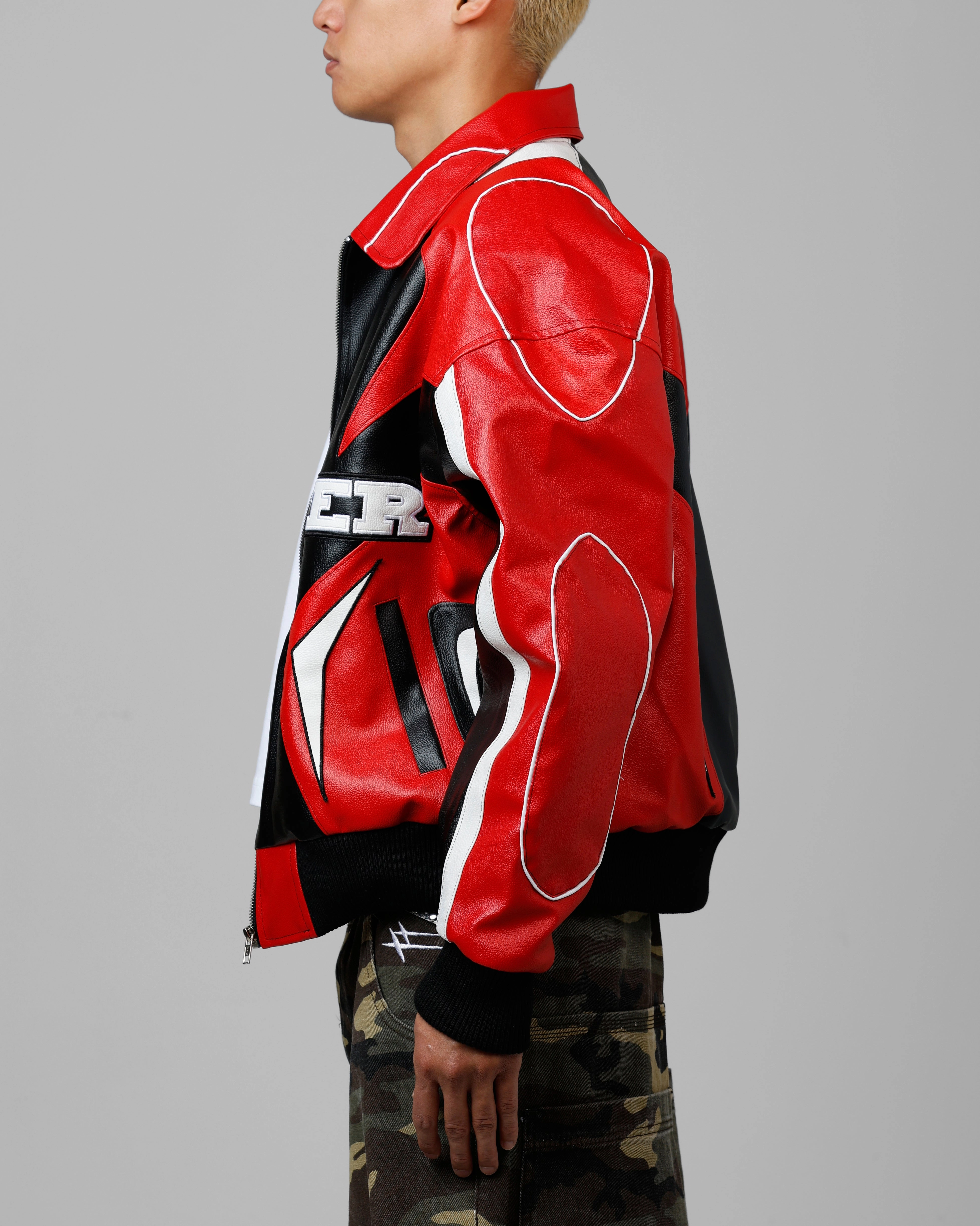 Loiter Racer Vegan Leather Jacket Red/Black Abrasion Resistant Material Rain Safe