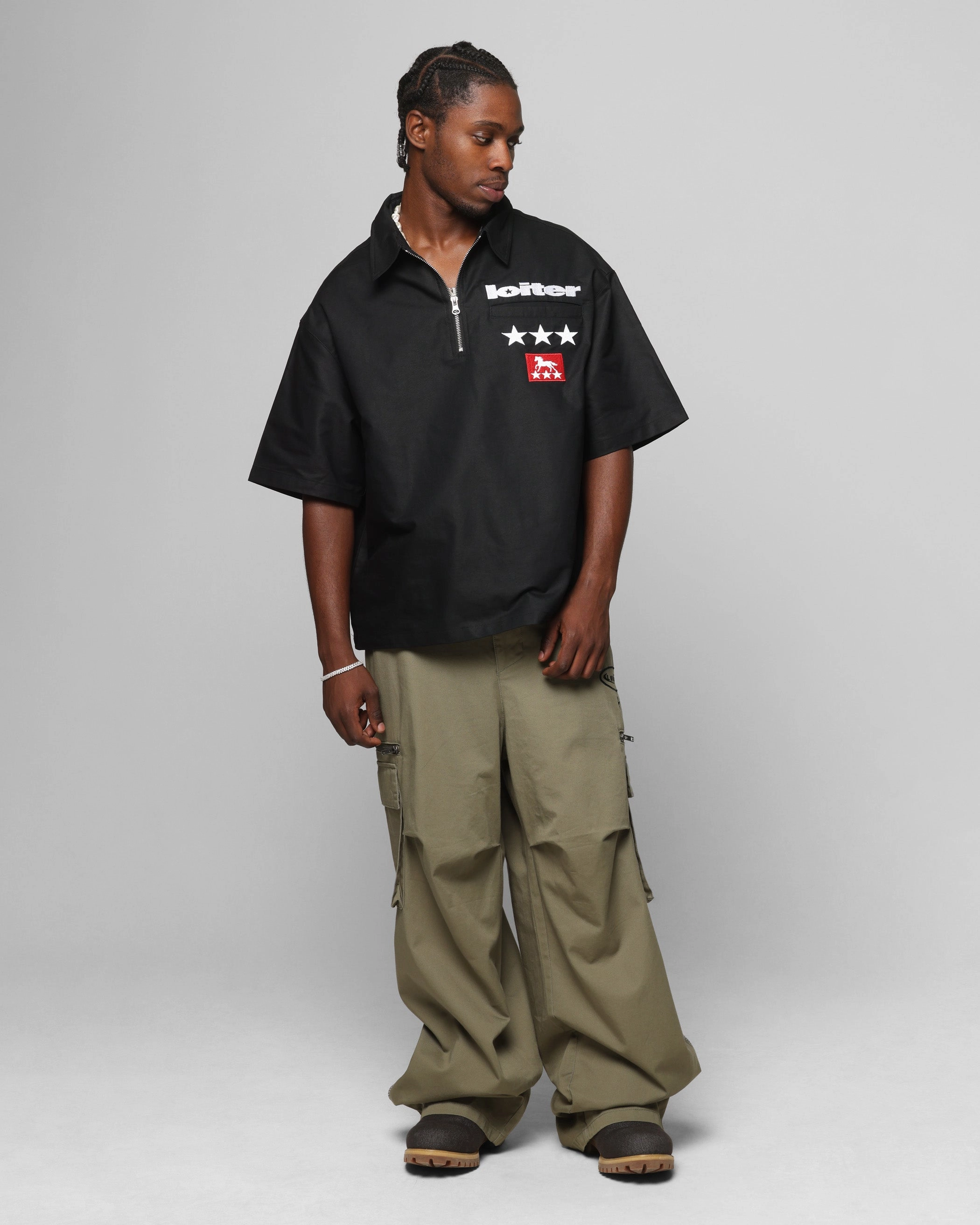 Loiter Rodeo Quarter Zip Up Shirt Black Micro Perforated Texture Fitted Cut