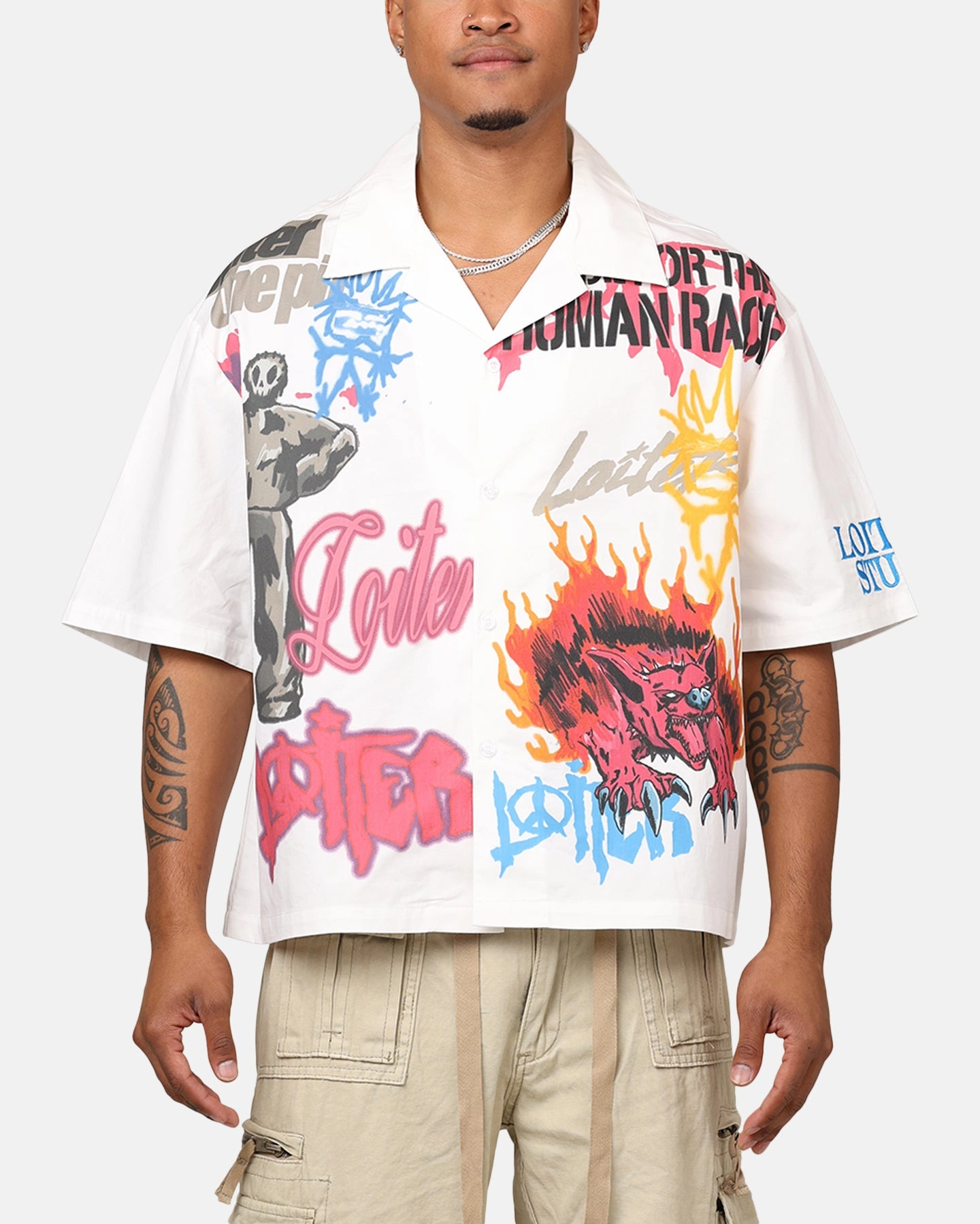 Trendsetter Choice Loiter Scrap Book Button Up Shirt Off White