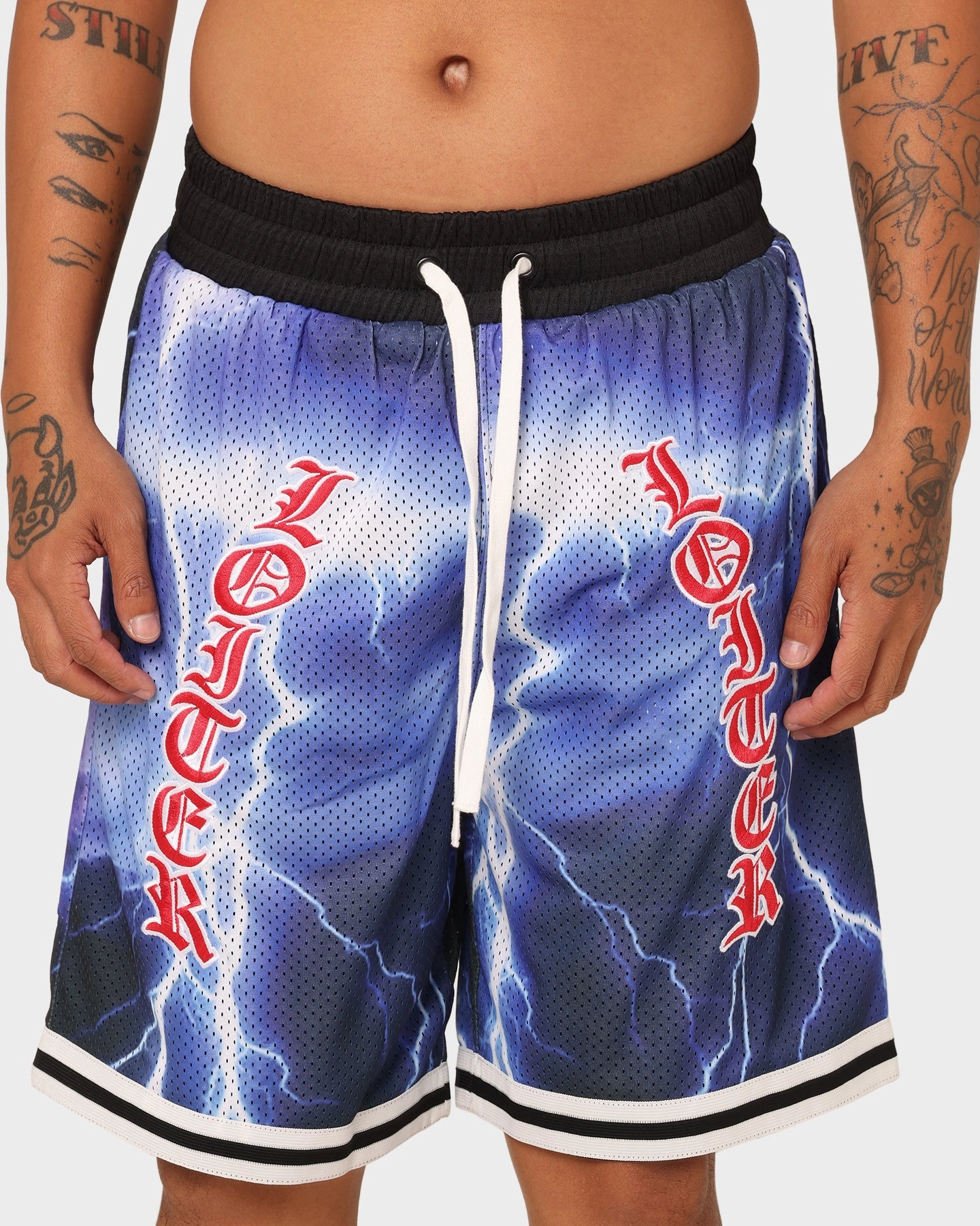 Back pockets Hidden Storage Compartment Loiter Script Ball Shorts Multi