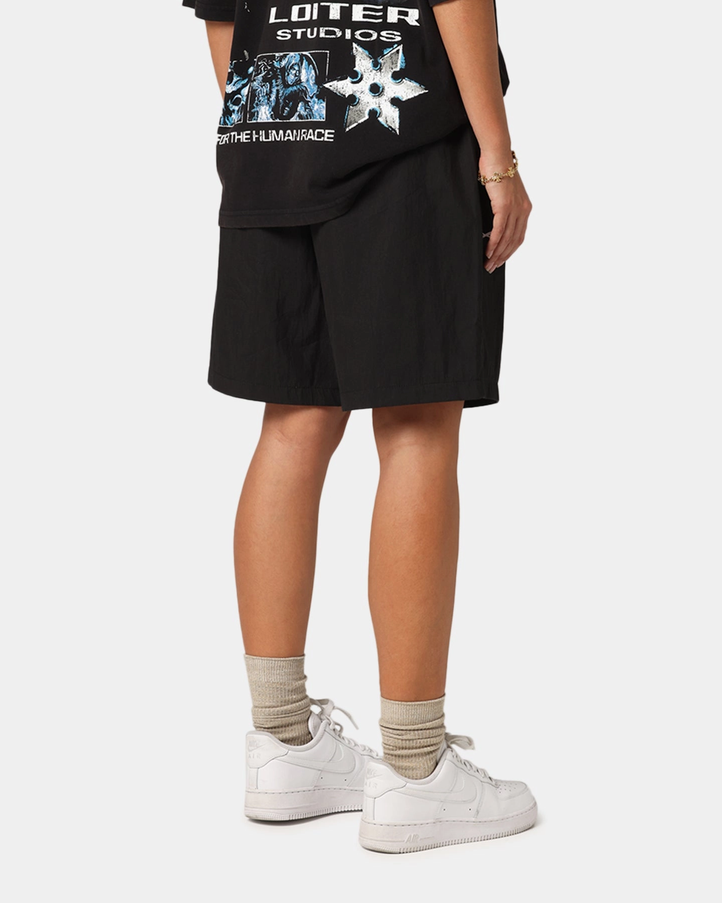 denim alternative tie-dye look Loiter Script Walk Shorts Black