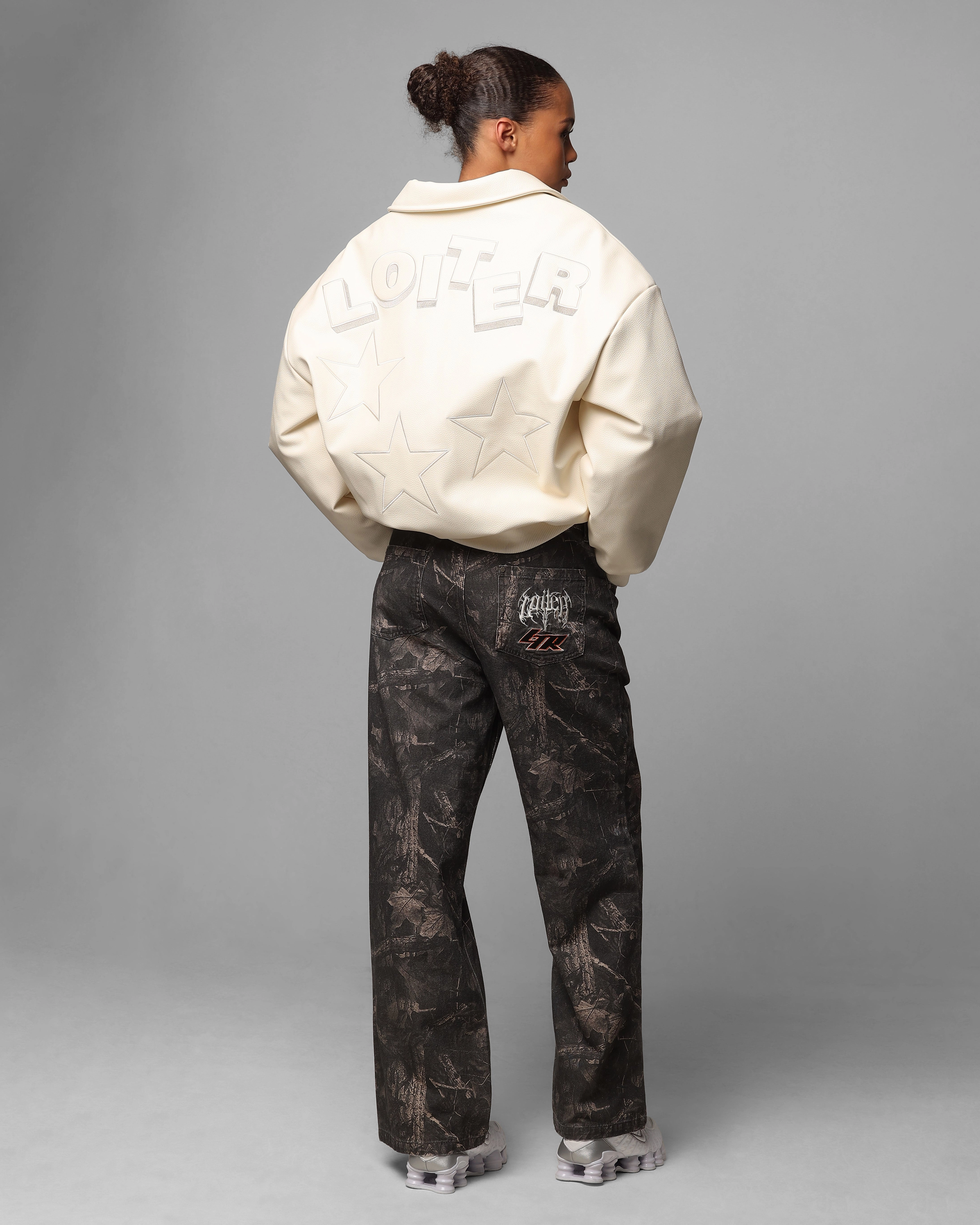 Loiter Solar Vegan Leather Varsity Jacket Beige Water Resistant Material suitable for performance costumes