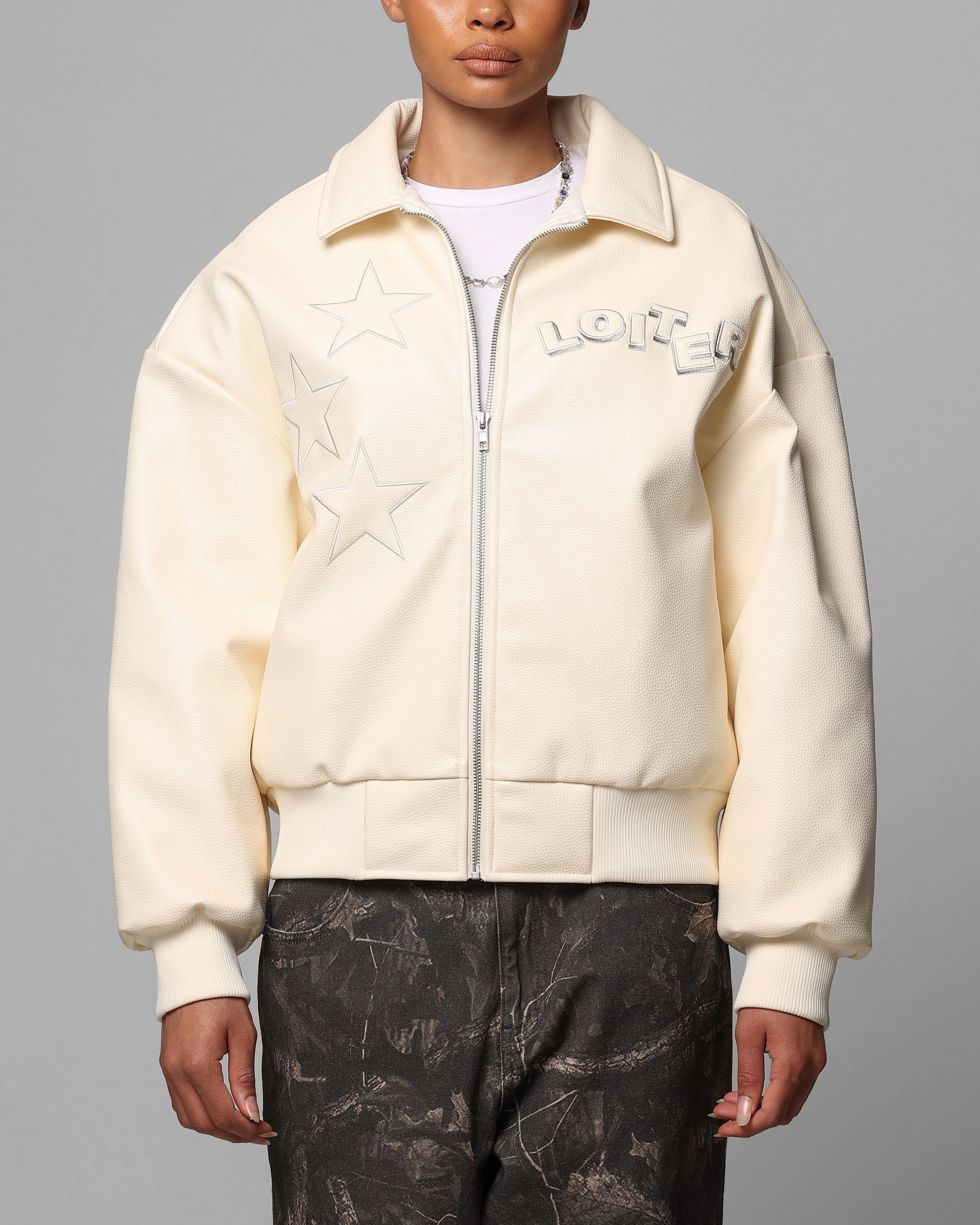 Motivate Loiter Solar Vegan Leather Varsity Jacket Beige