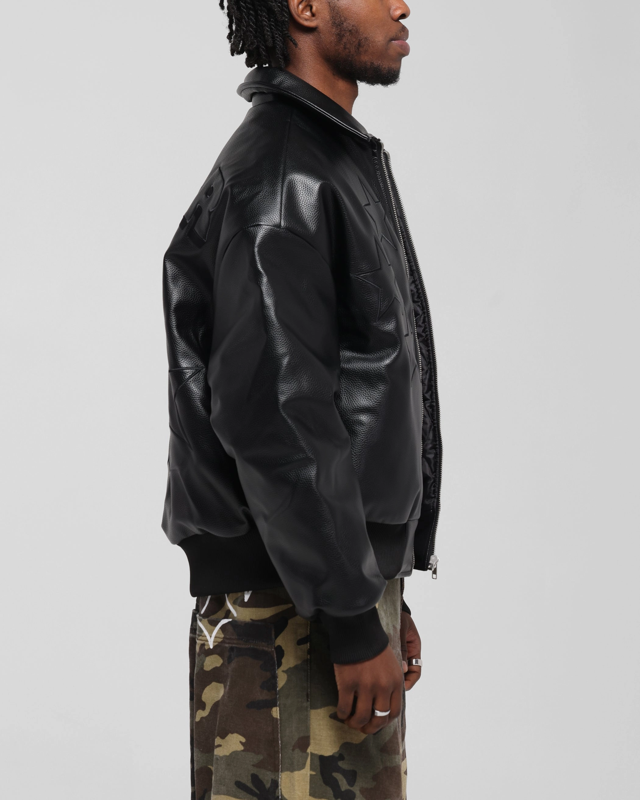 Stain Resistant Custom Loiter Solar Vegan Leather Varsity Jacket Black