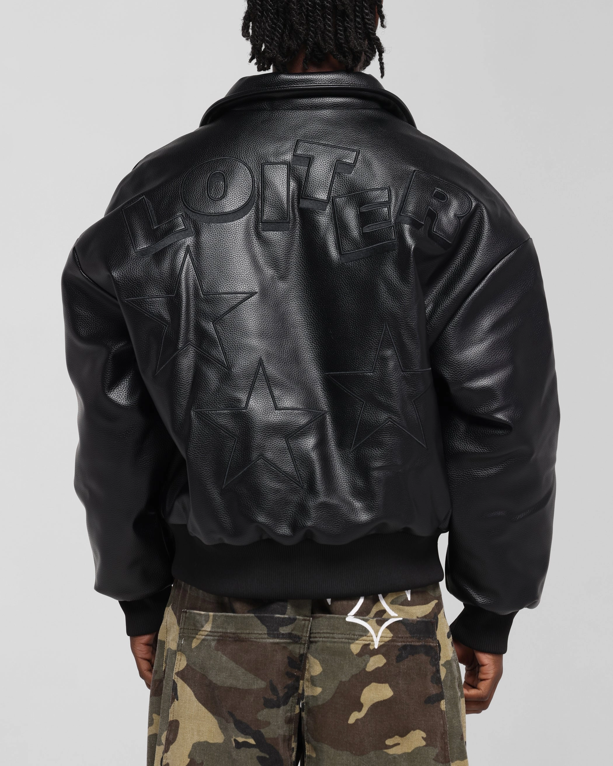 Loiter Solar Vegan Leather Varsity Jacket Black Multipanel Construction Zippered Vents