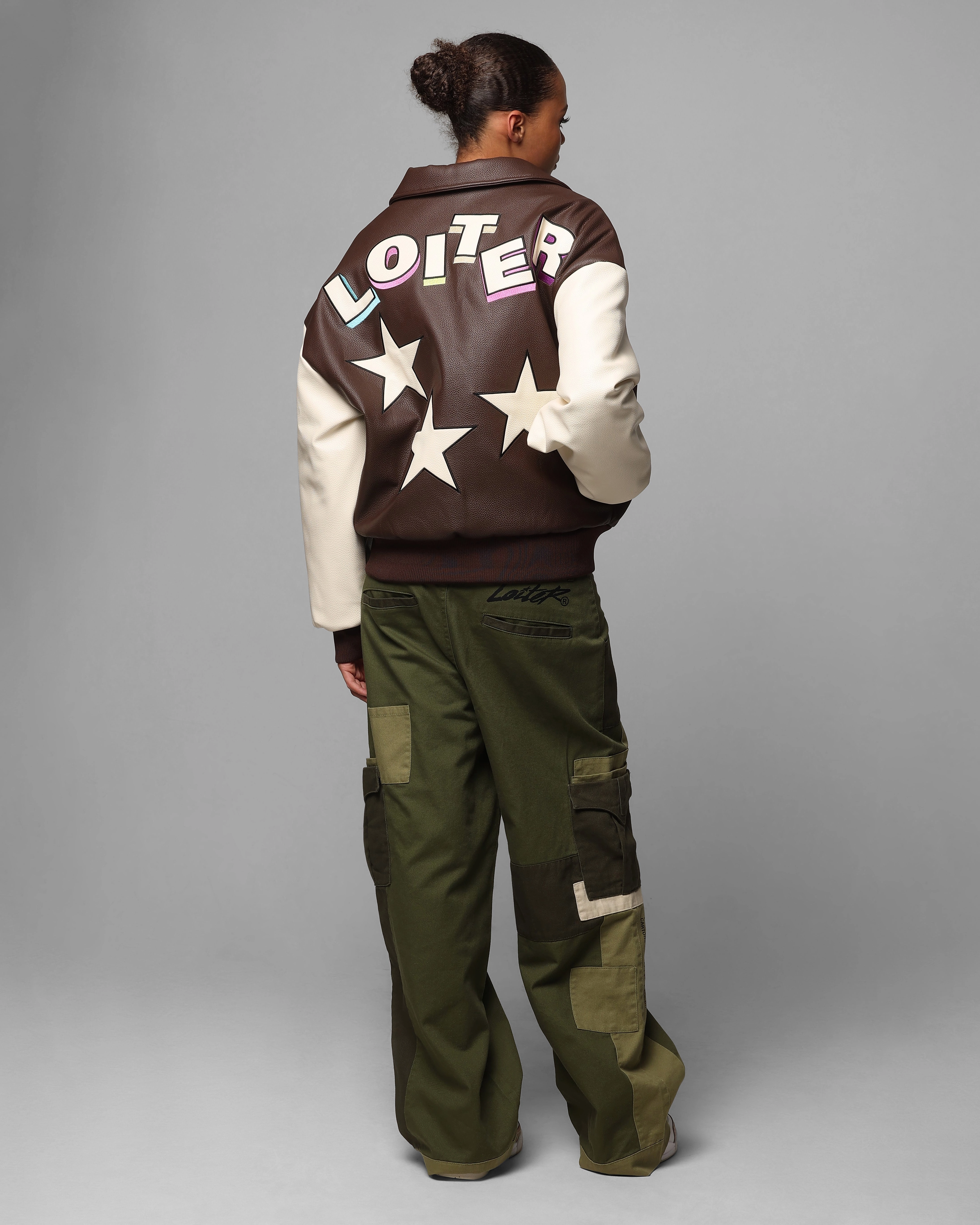 Loiter Solar Vegan Leather Varsity Jacket Brown/Beige Machine-washable