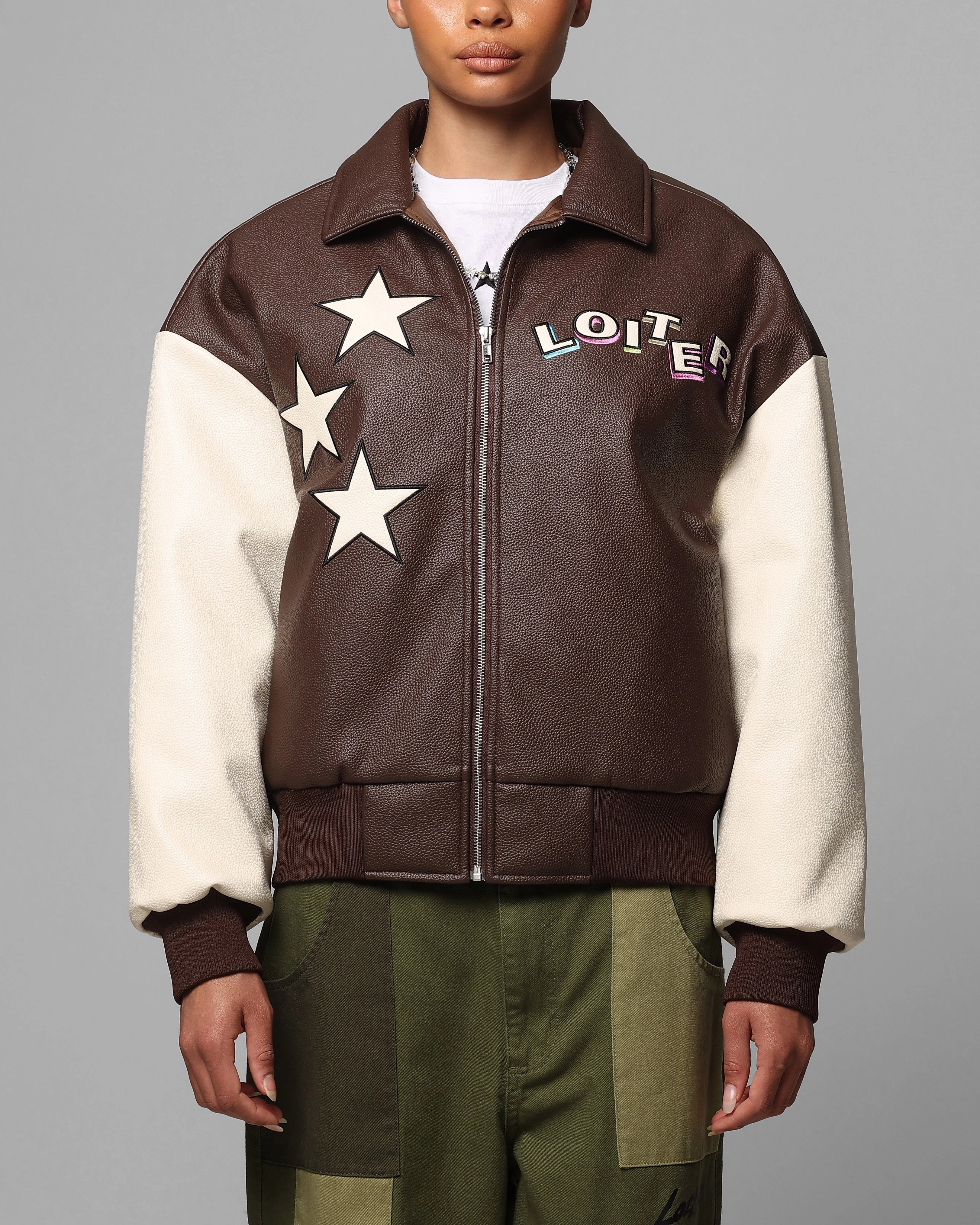 Anti-static Loiter Solar Vegan Leather Varsity Jacket Brown/Beige