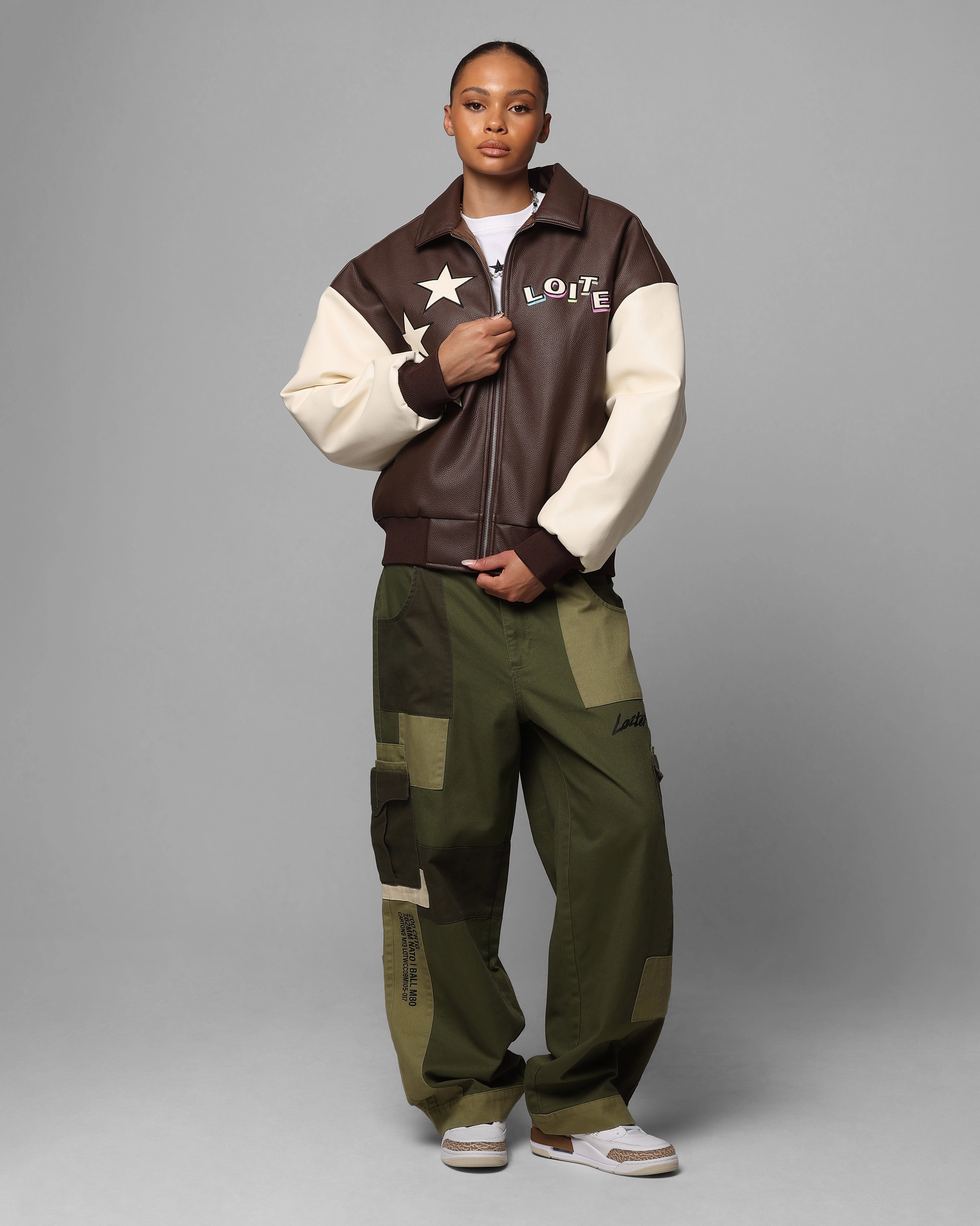Loiter Solar Vegan Leather Varsity Jacket Brown/Beige Waterproof Outer Layer chefs
