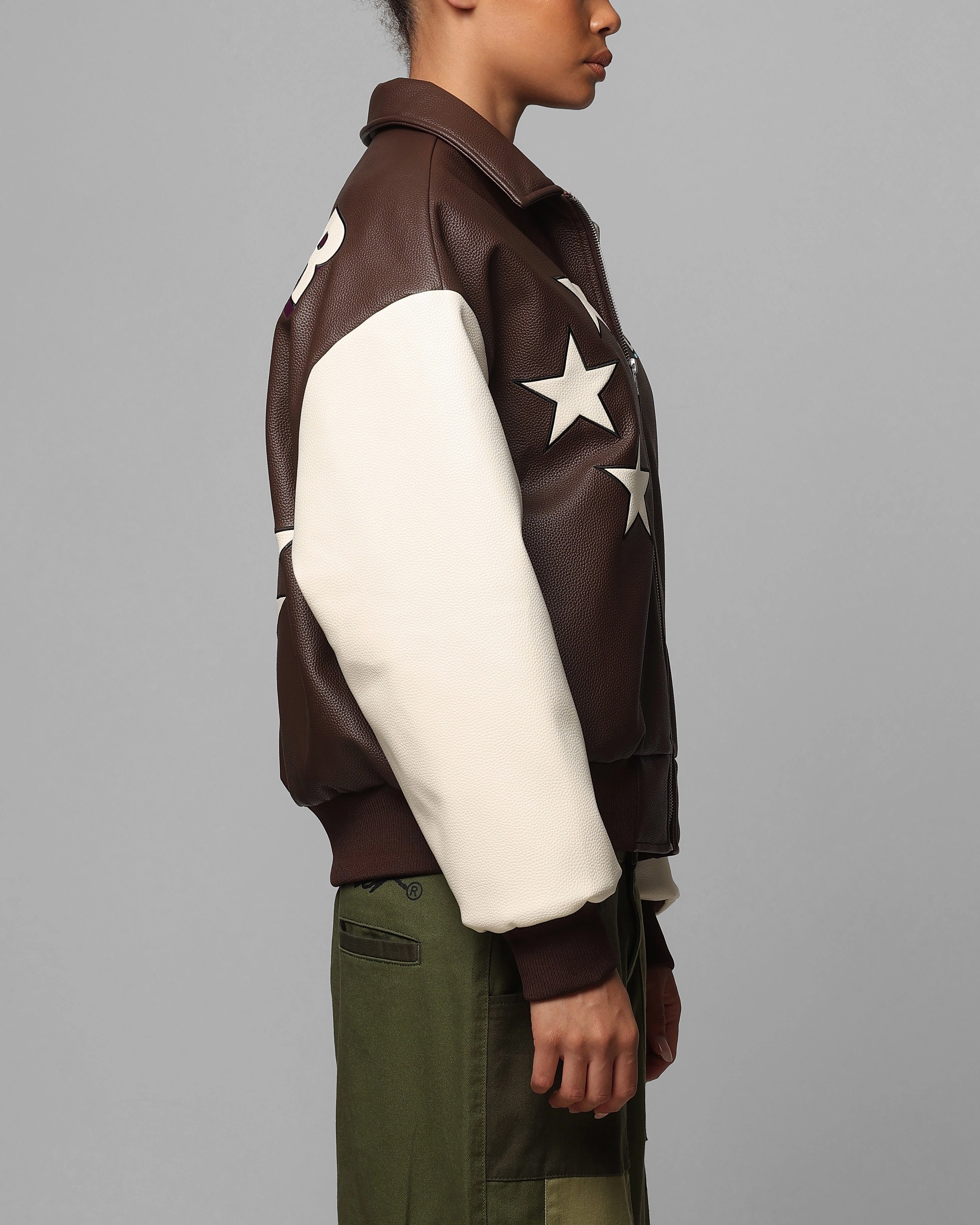 Heat Retention Technology Loiter Solar Vegan Leather Varsity Jacket Brown/Beige