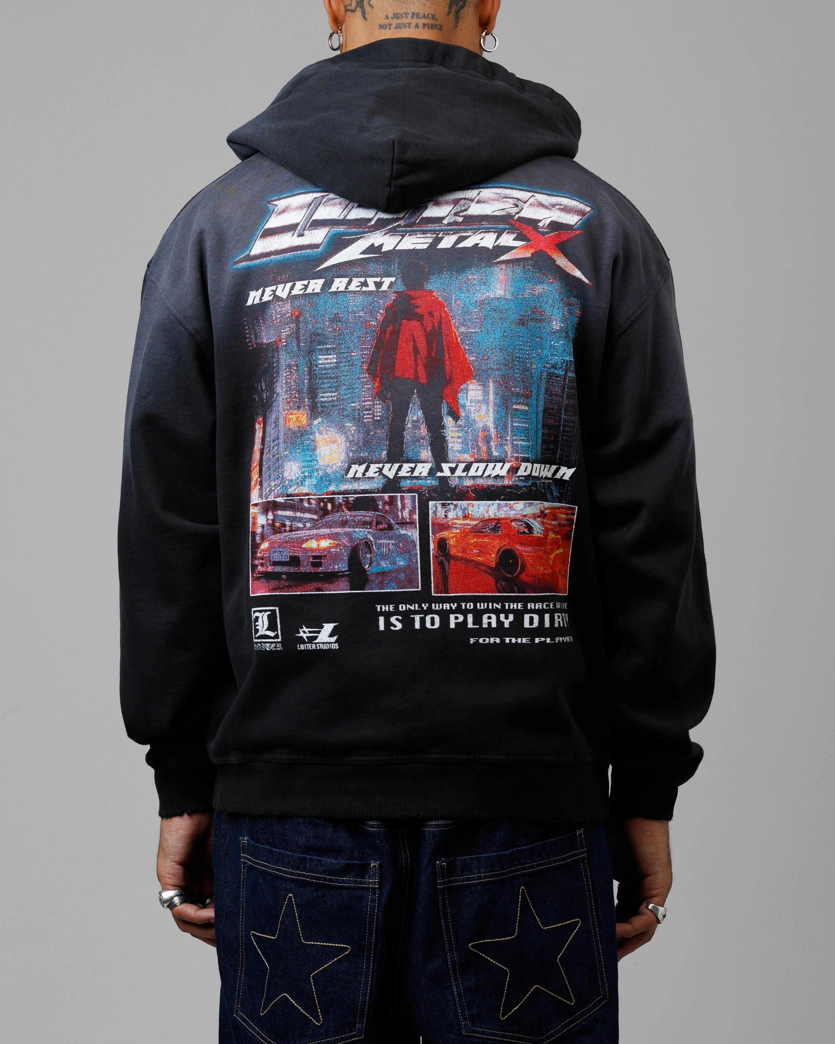 Loiter Speed Vintage Zip Up Hoodie Washed Black windproof lining Lightweight Waterproof