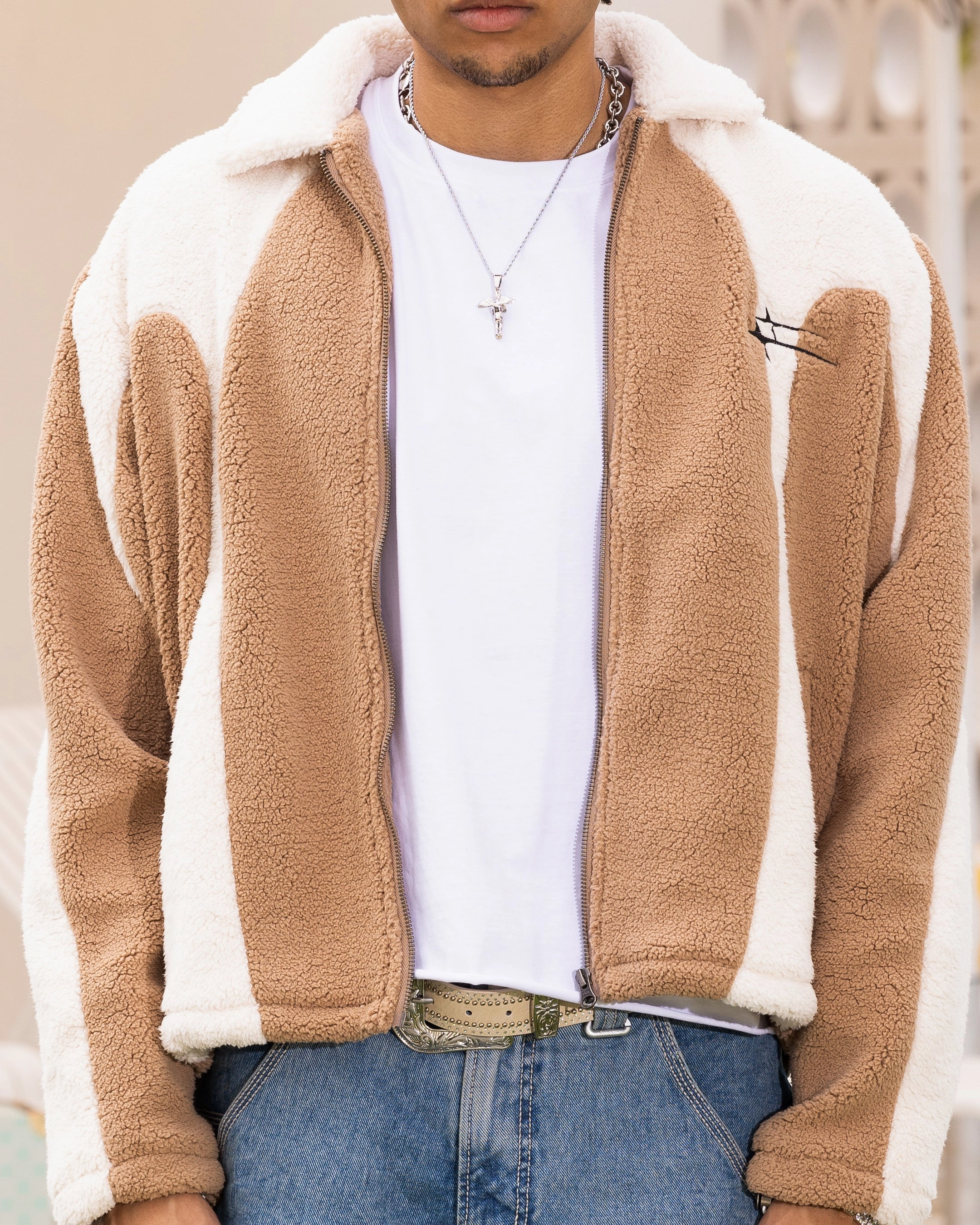 Badge Spectacles Loiter Spire Fleece Jacket Dark Tan/Ecru