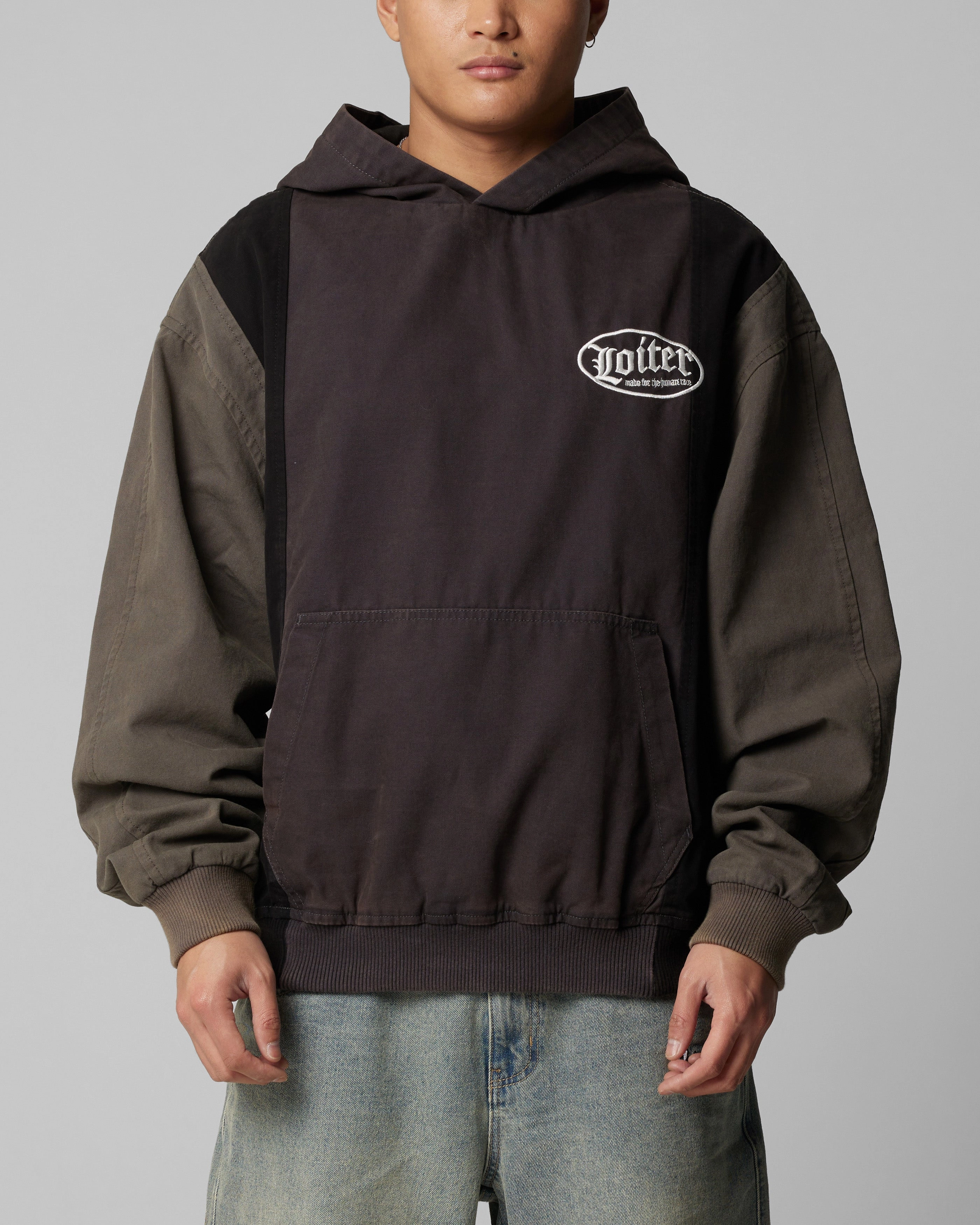 Contrast Binding Multi Panel Engineering Loiter Splinter Hoodie Black/Charcoal