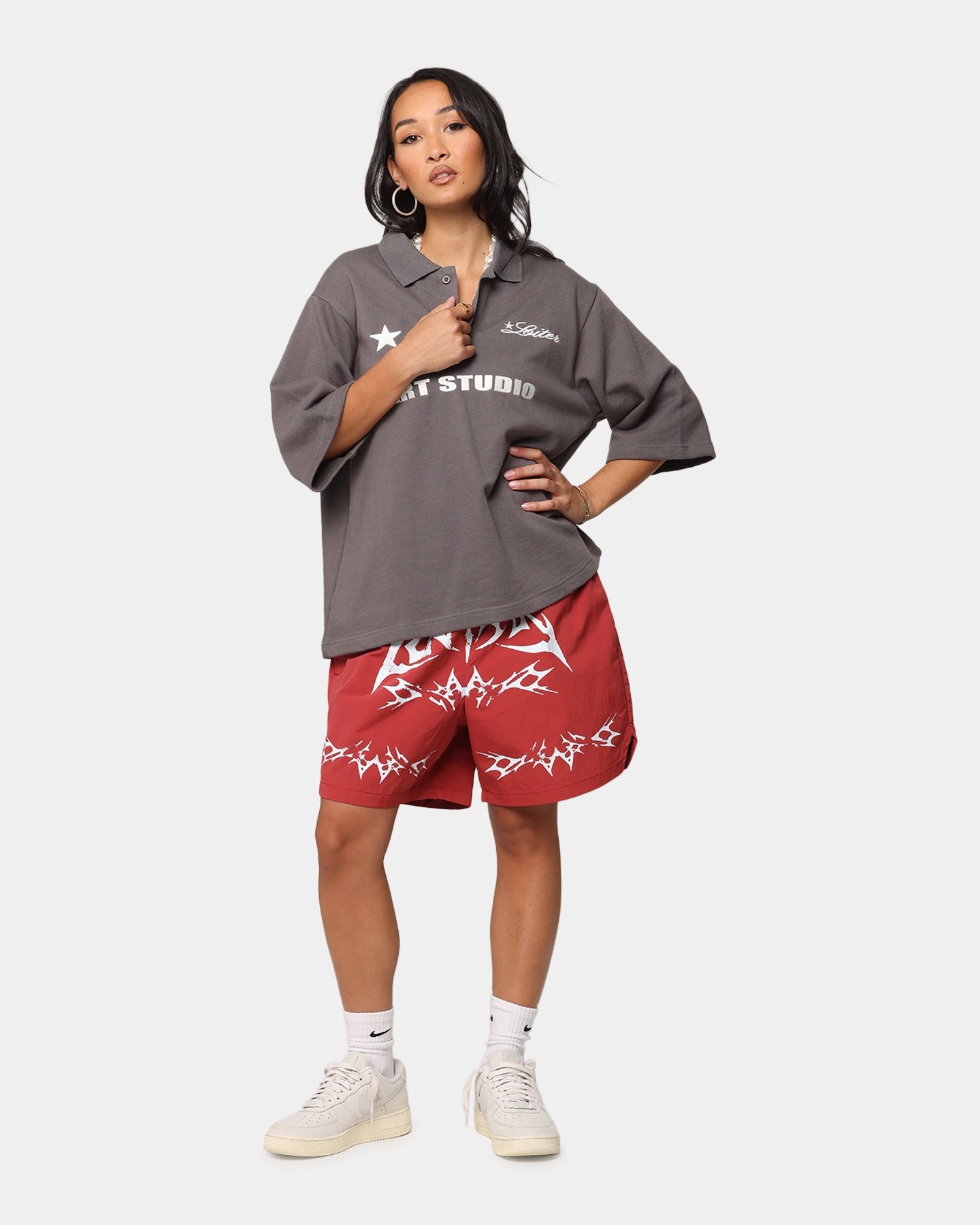 Loiter Stacked Metal Walk Shorts Burgandy Sporty Chic
