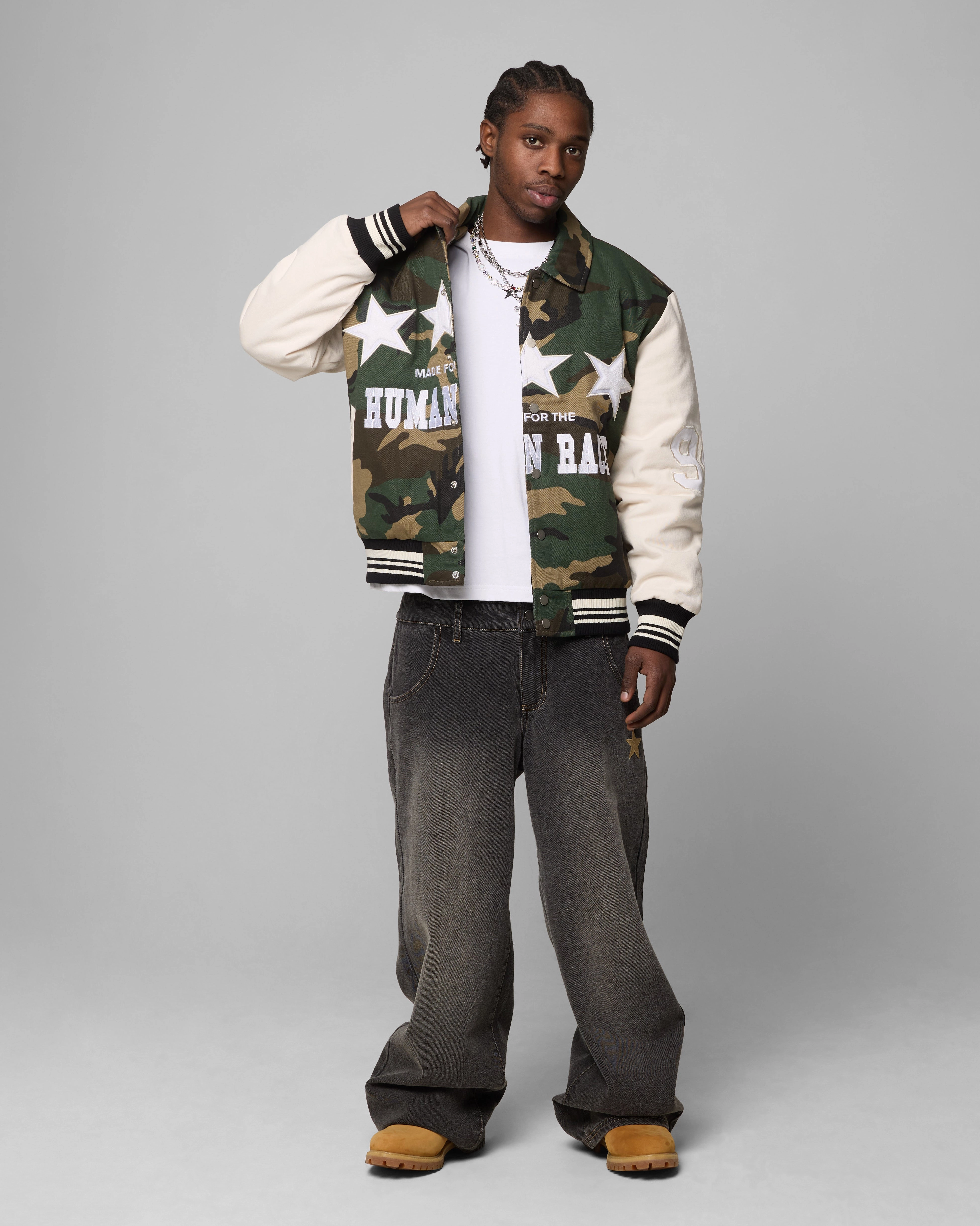 Notebook Belted Loiter Star Child Varsity Jacket Woodland Camo