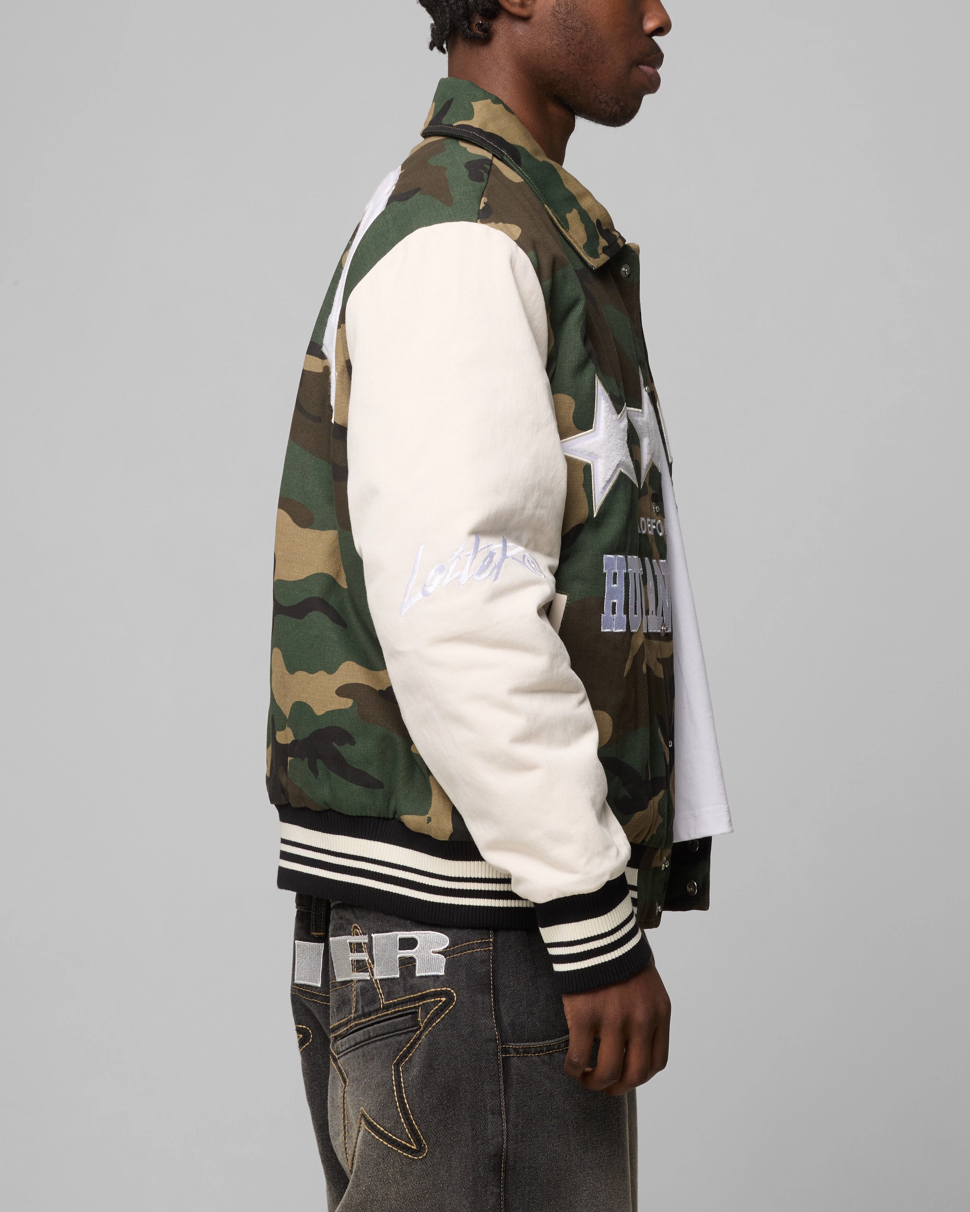 Loiter Star Child Varsity Jacket Woodland Camo suitable for gift giving