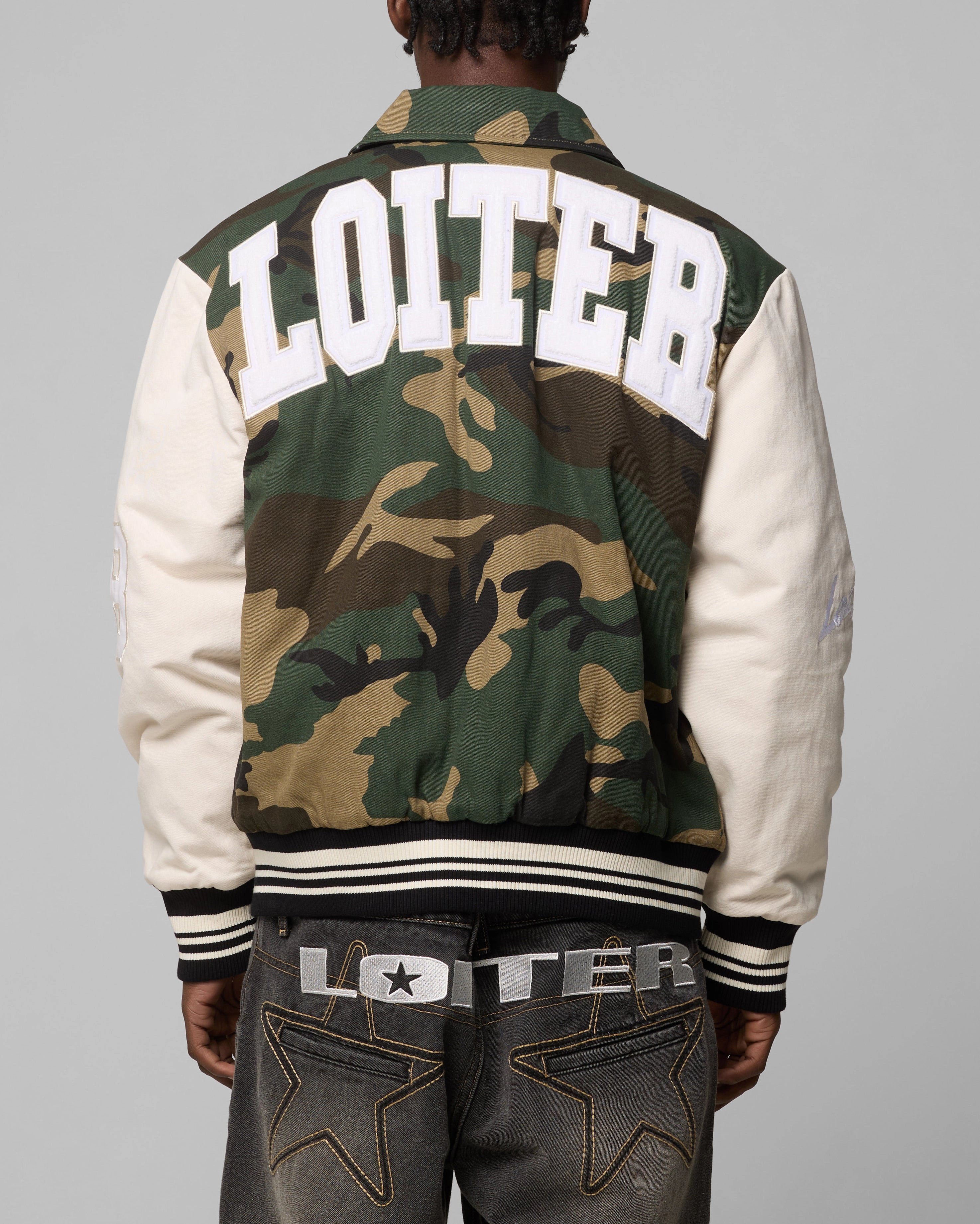 Taped Zipper Closures Loiter Star Child Varsity Jacket Woodland Camo