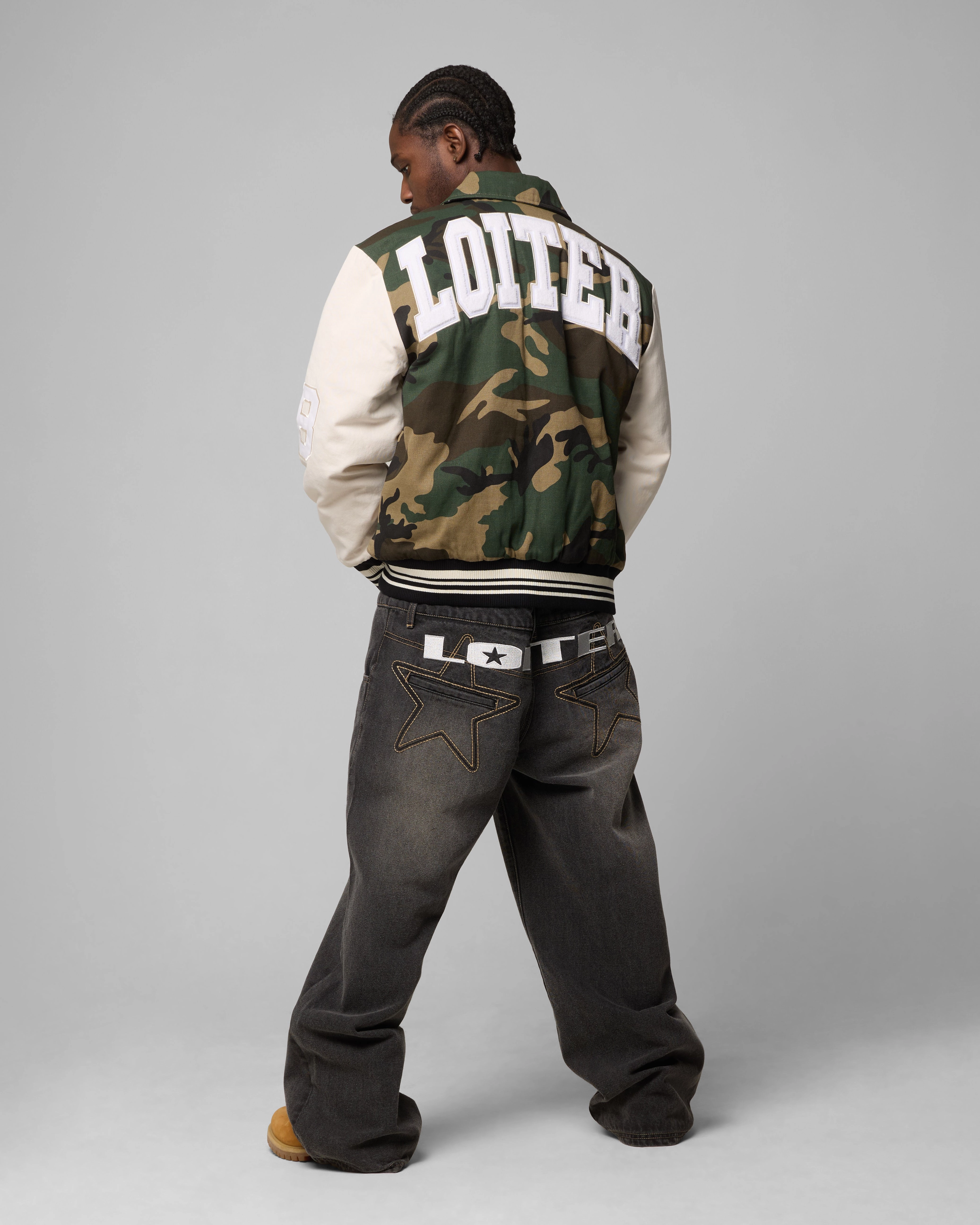 Handmade Personalized Loiter Star Child Varsity Jacket Woodland Camo