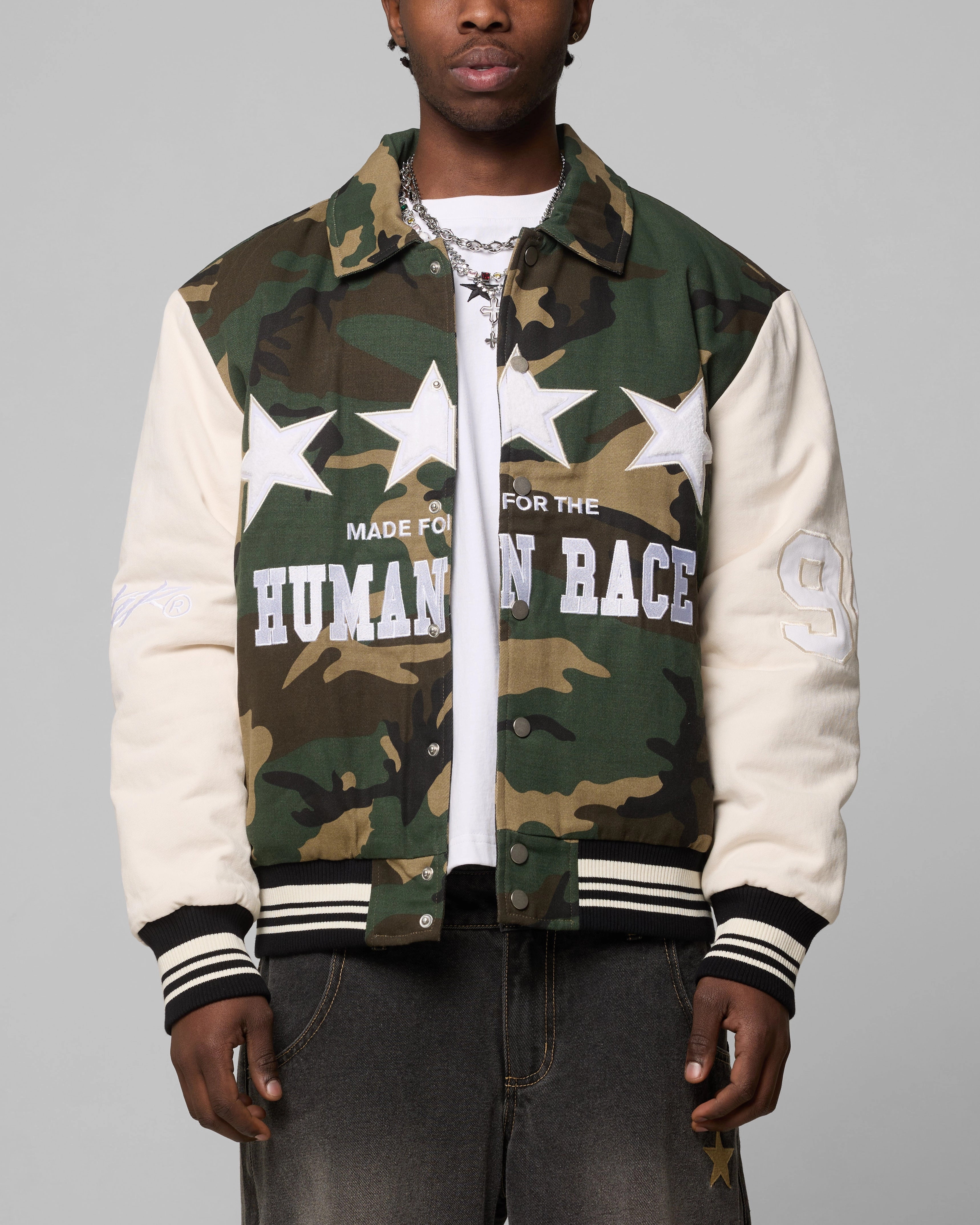 Loiter Star Child Varsity Jacket Woodland Camo tall size