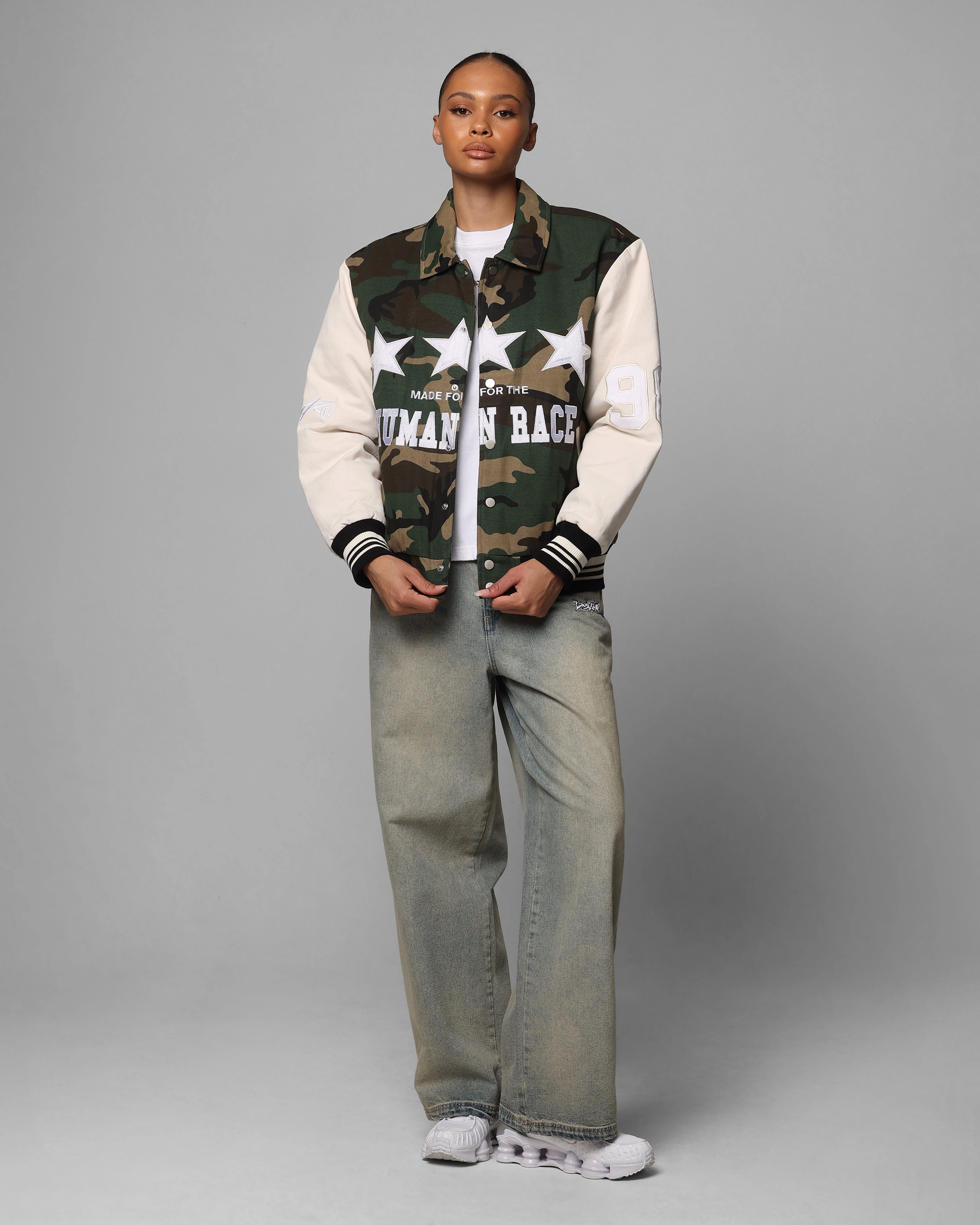 Minimalist Style Trendy Loiter Star Child Varsity Jacket Woodland Camo