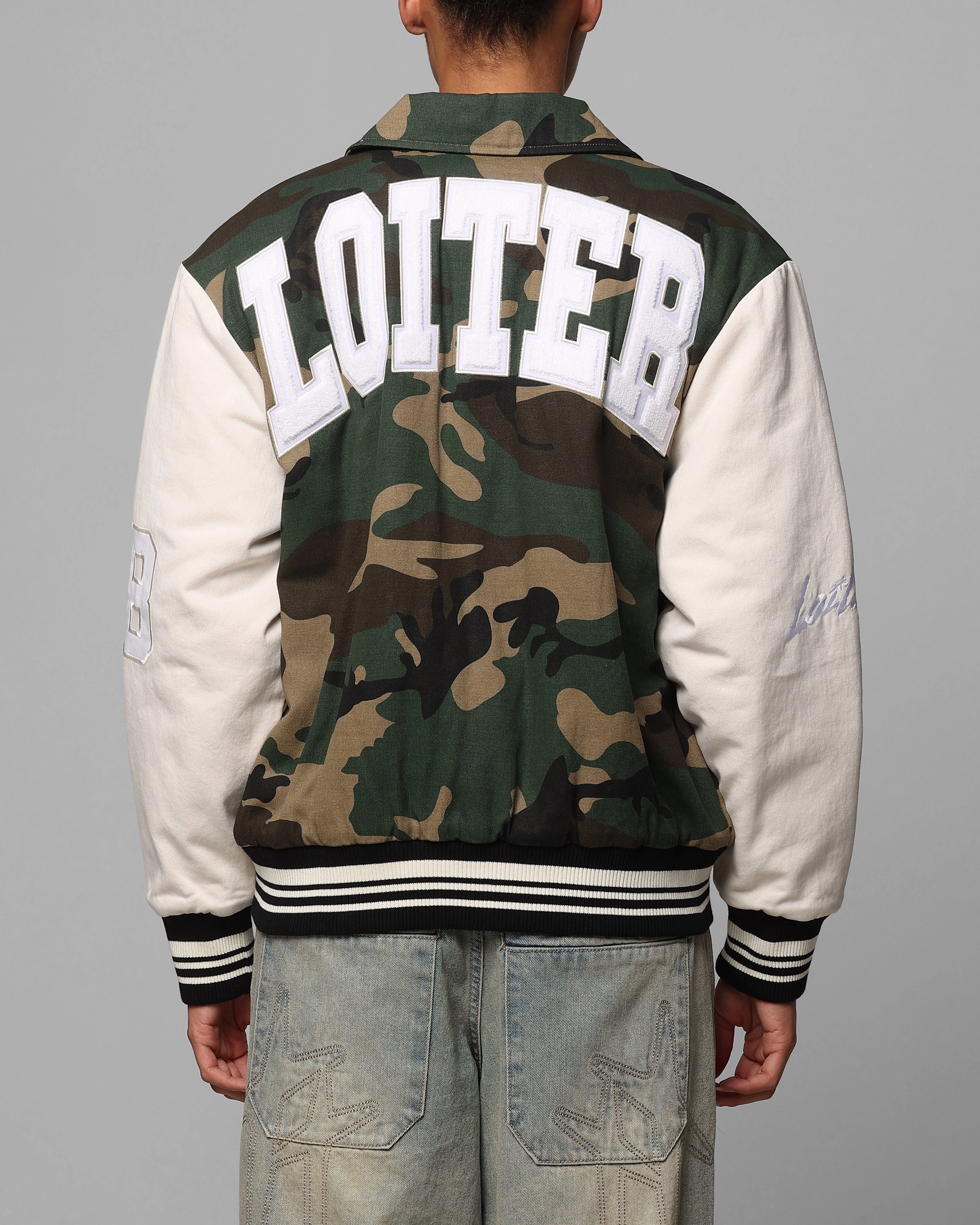 Loiter Star Child Varsity Jacket Woodland Camo Sleek Outerwear
