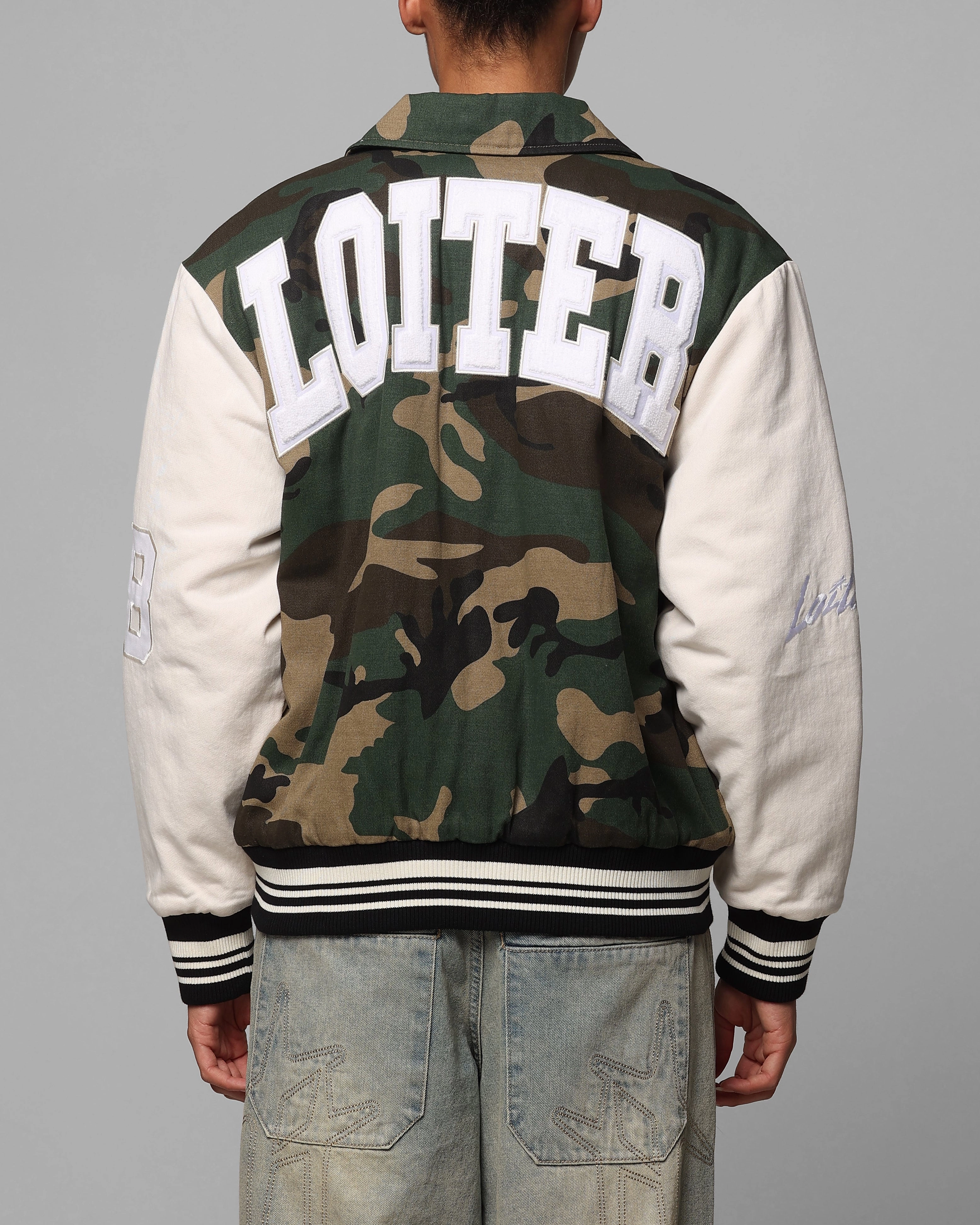 Save Loiter Star Child Varsity Jacket Woodland Camo