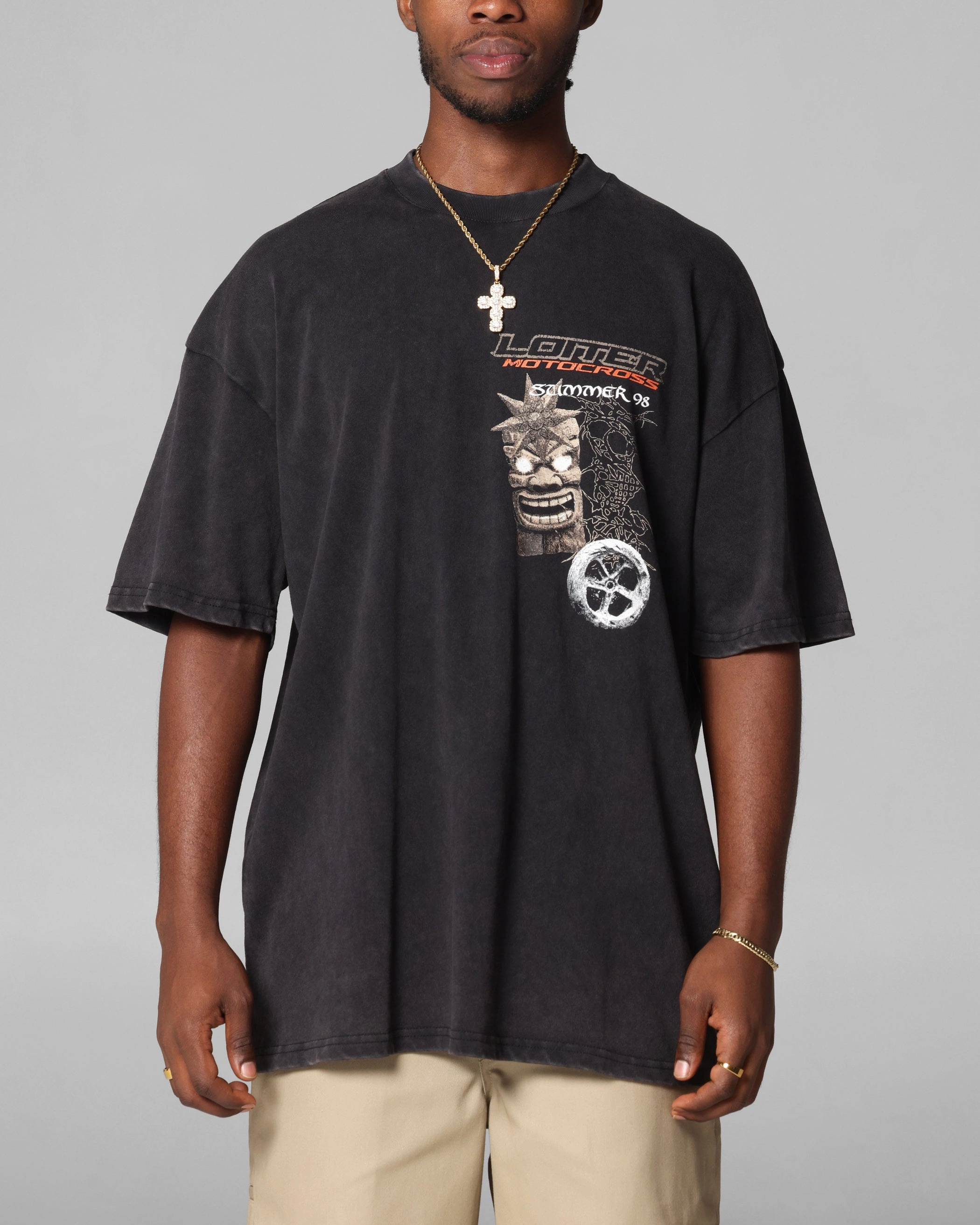 Loiter Summer Motocross T-Shirt Black Acidwash Minimal Look Heathered Texture