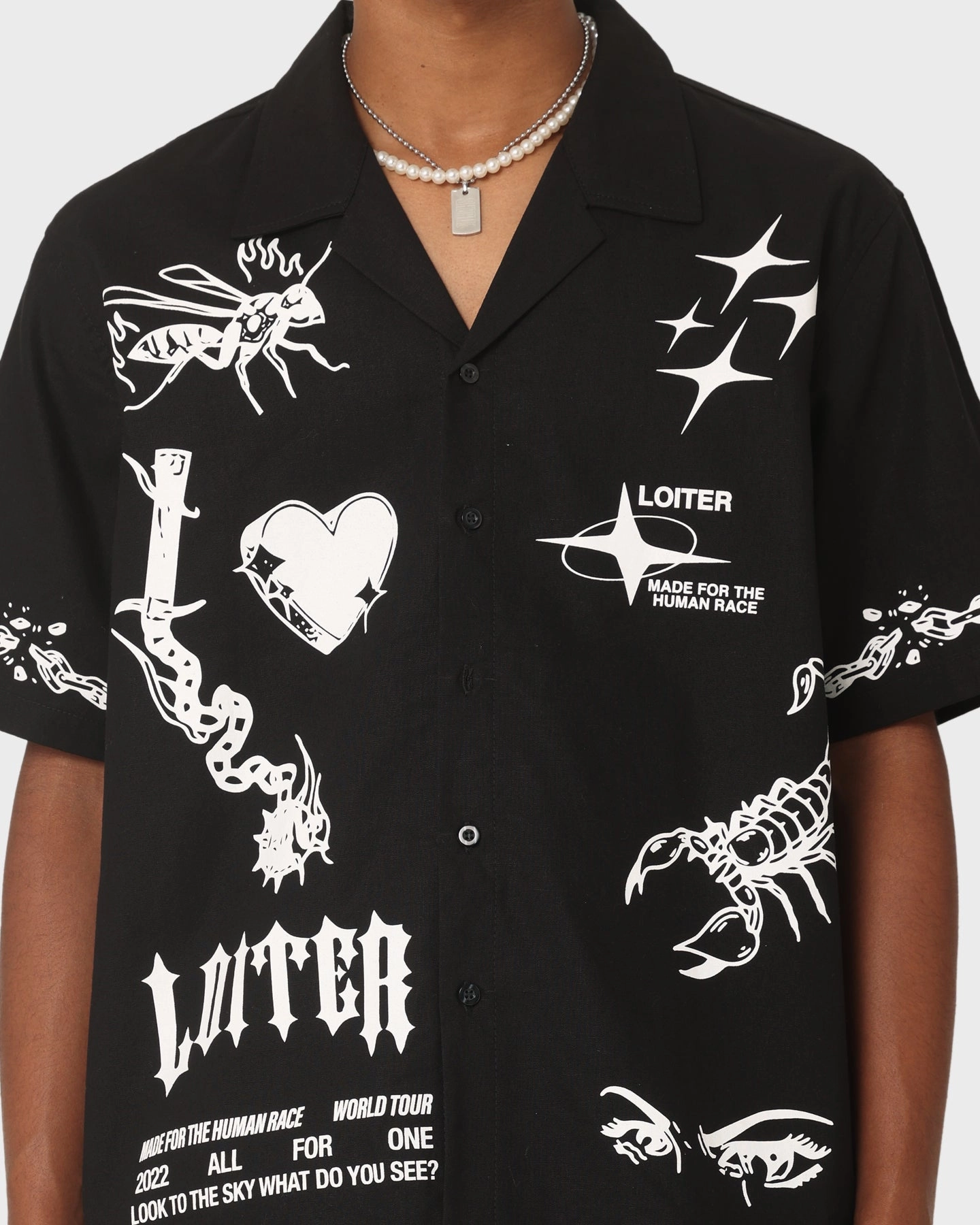 Loiter Tattoo Button Up Shirt Black Geometric Design Festival Fashion