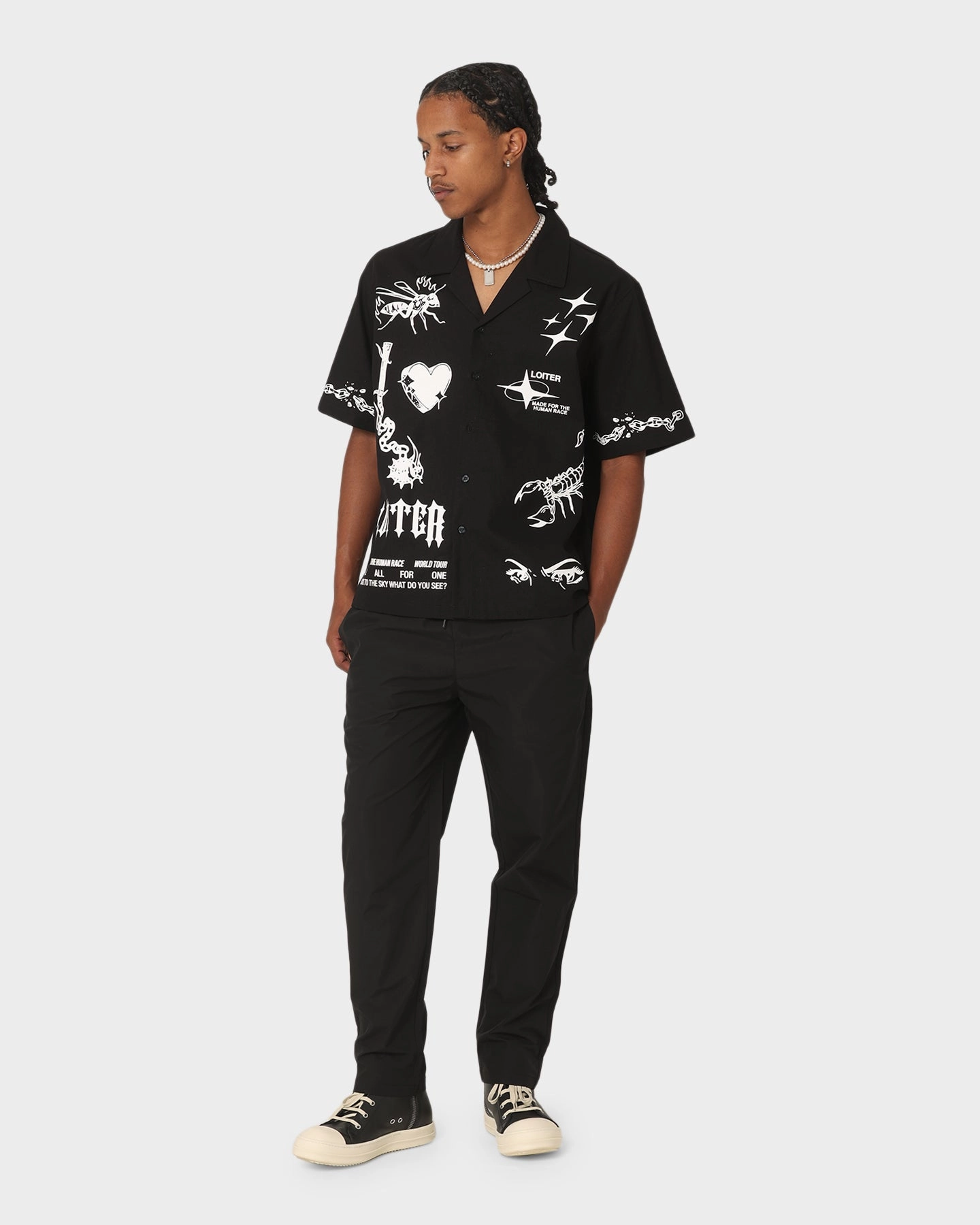 Eco-friendly Recycled Polyester Blend Loiter Tattoo Button Up Shirt Black