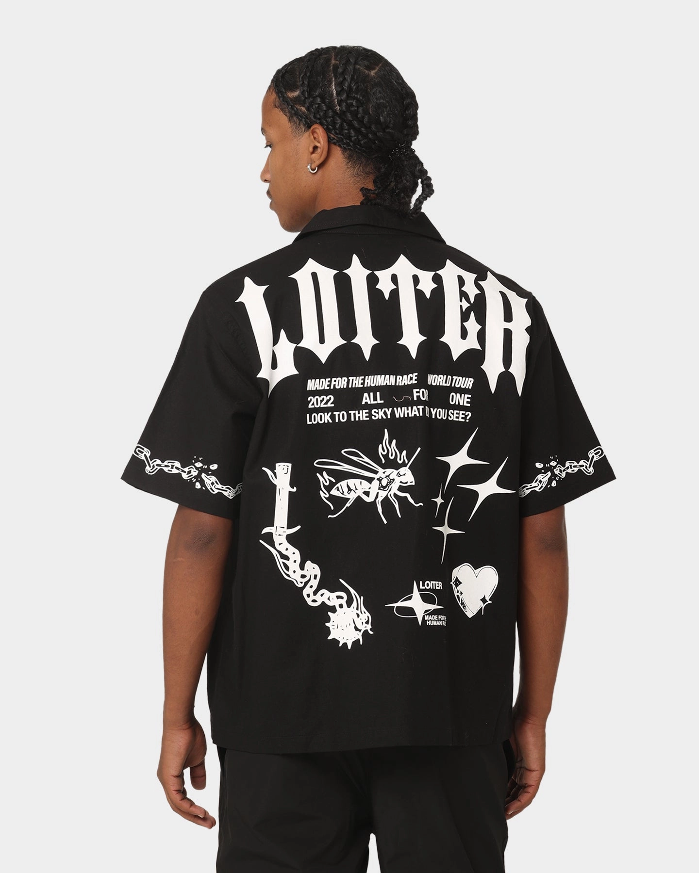 Anti Pilling Finish Loiter Tattoo Button Up Shirt Black