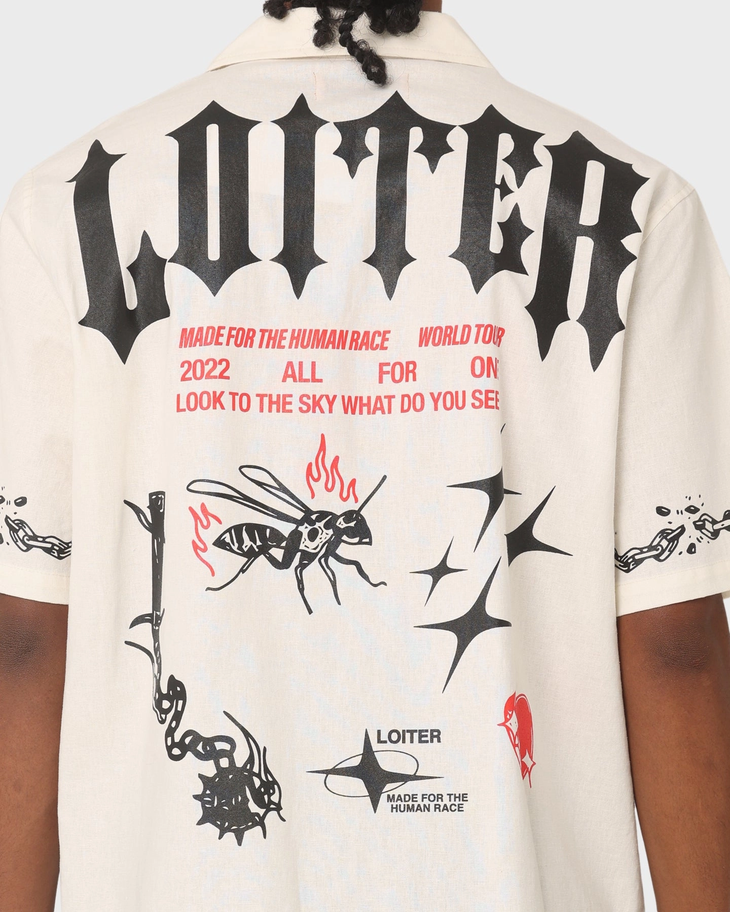 Loiter Tattoo Button Up Shirt Ecru Neutral Toned Stitching Comfortable Fabric