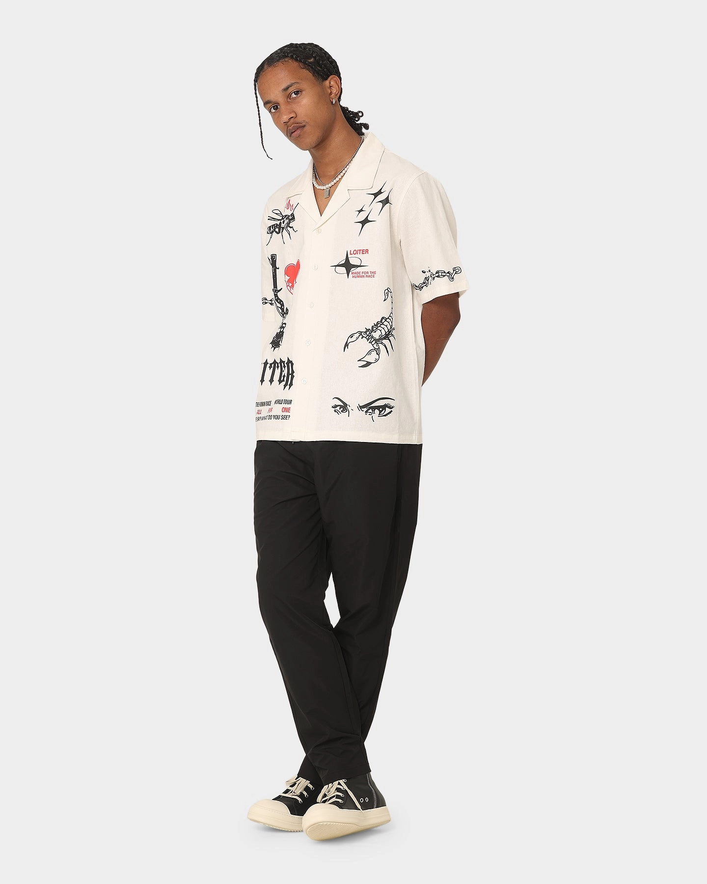 Inner Layer Soft Stretch Collar Loiter Tattoo Button Up Shirt Ecru