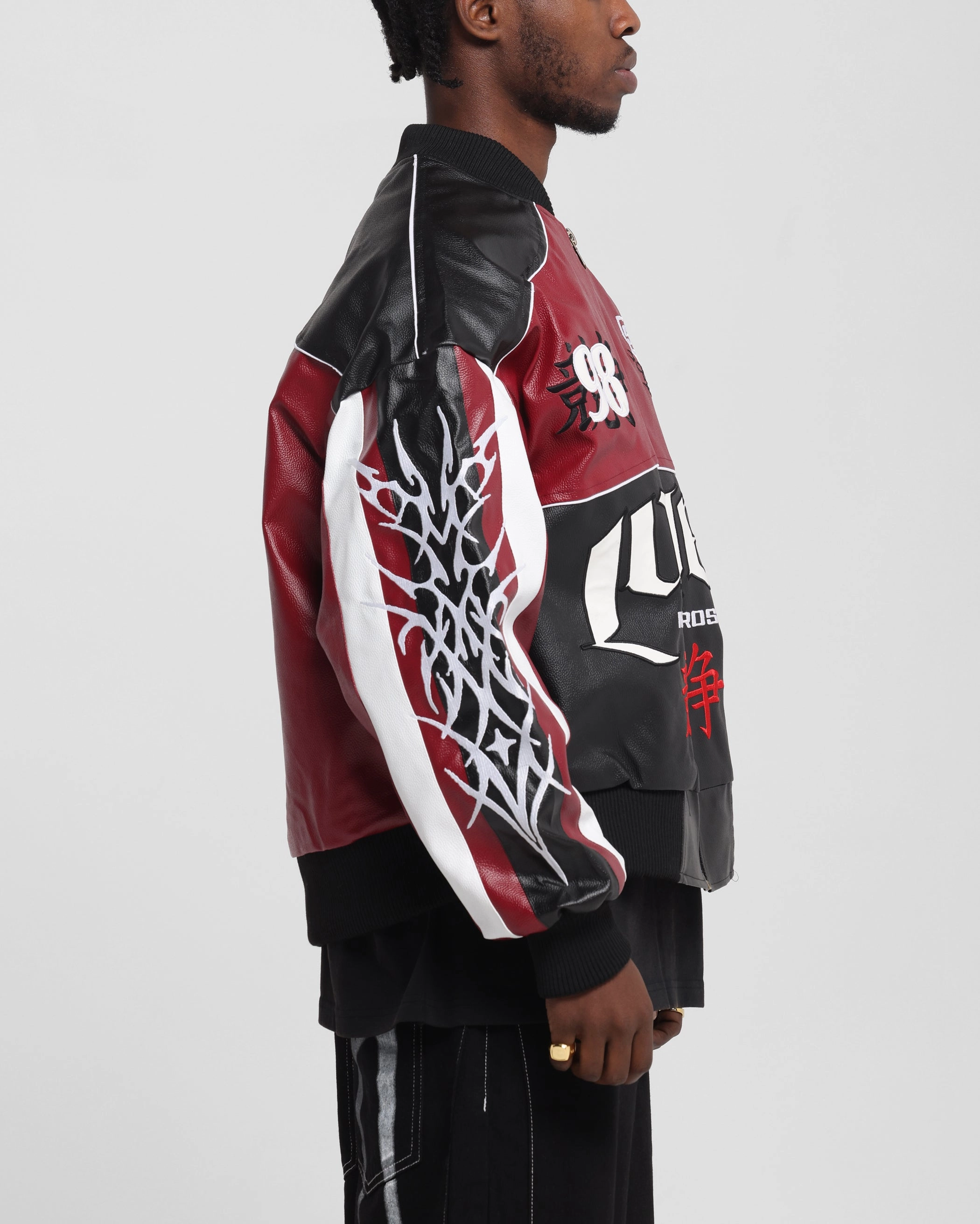 Exhibit Patchwork Loiter Tokyo Drift Vegan Leather Jacket Red