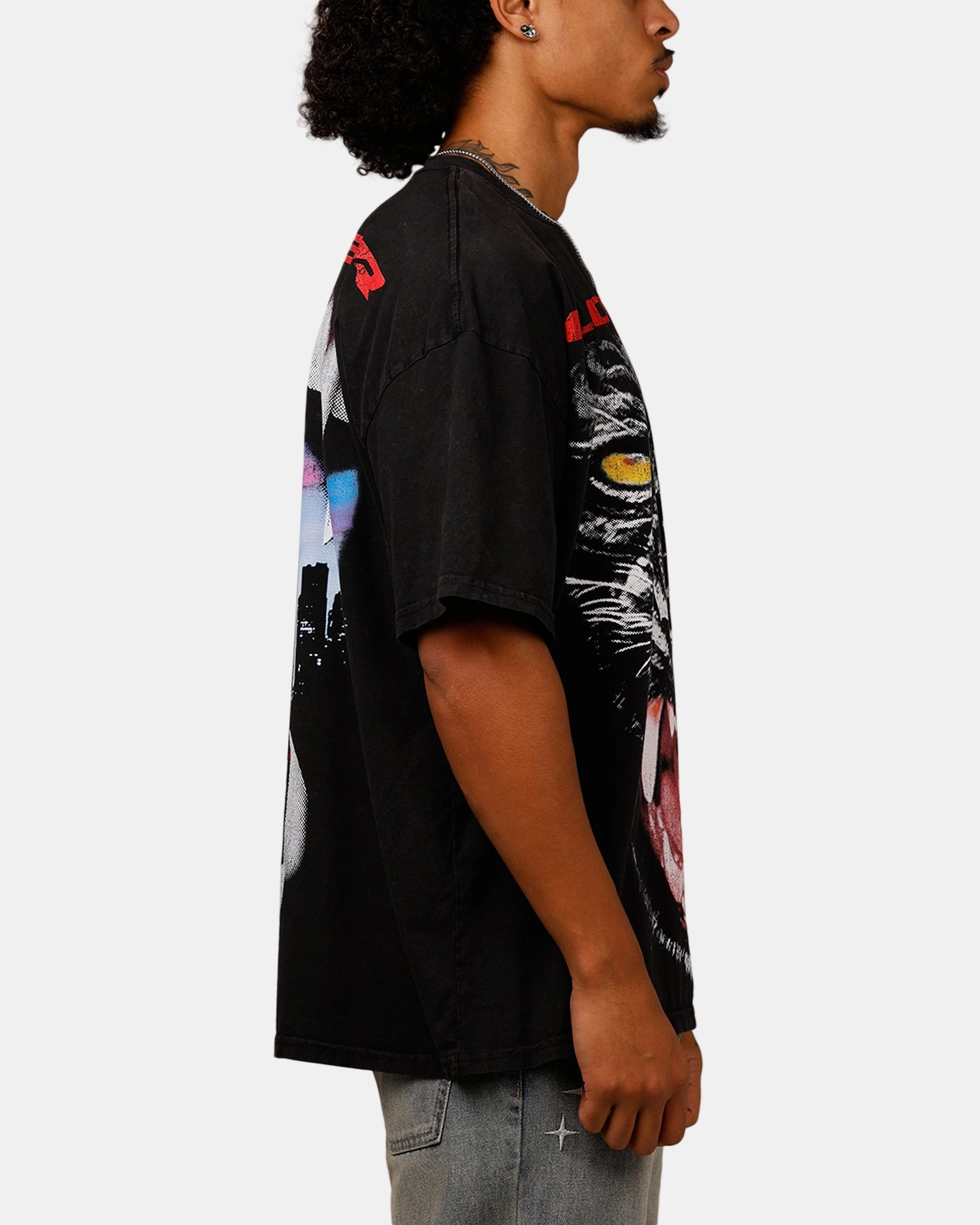 Street Casual Look High Quality Printing Loiter Urban Beast Vintage T-Shirt Black Acidwash
