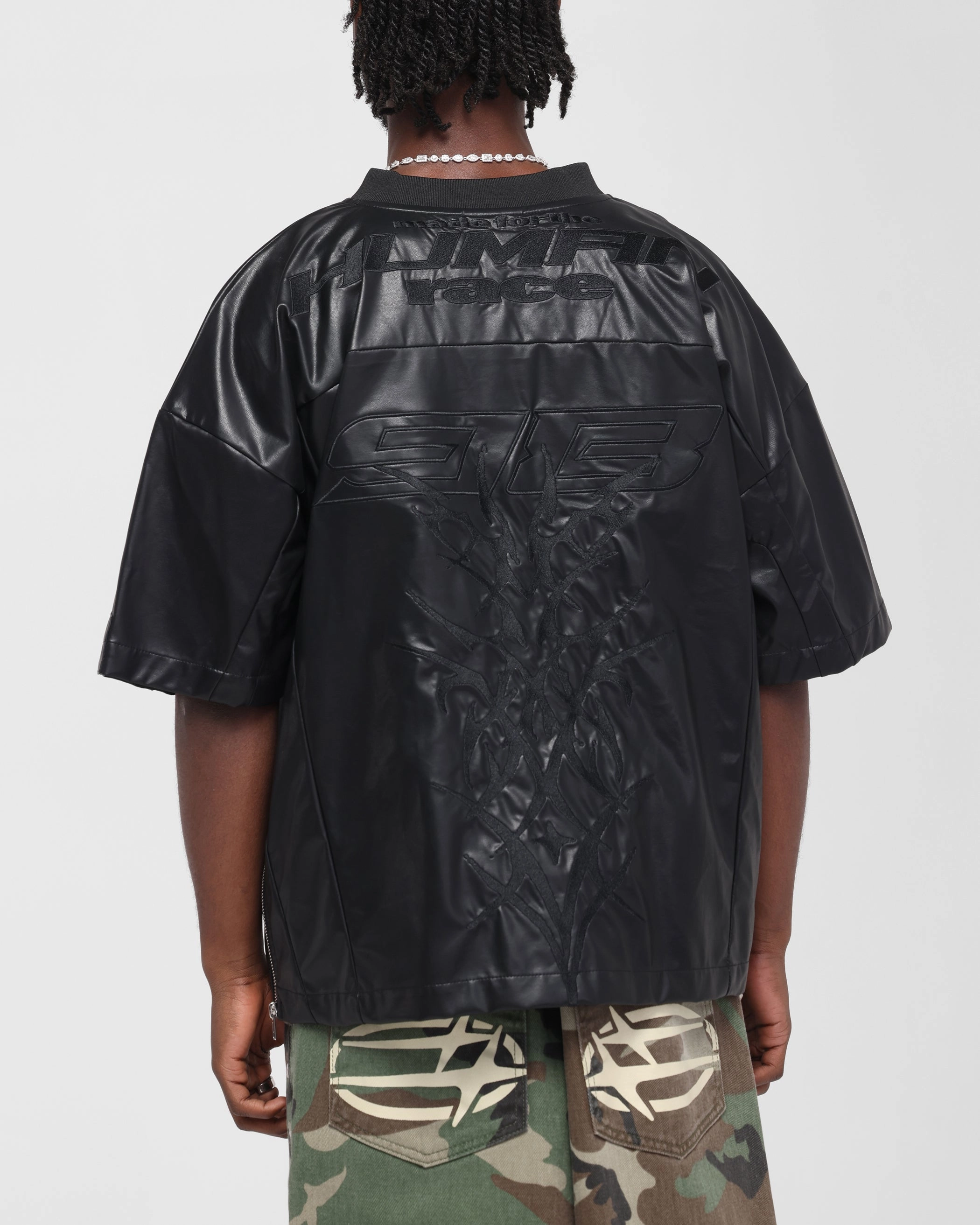 Loiter Vegan Leather Football Top Black Movement Ready Variable Density Knit