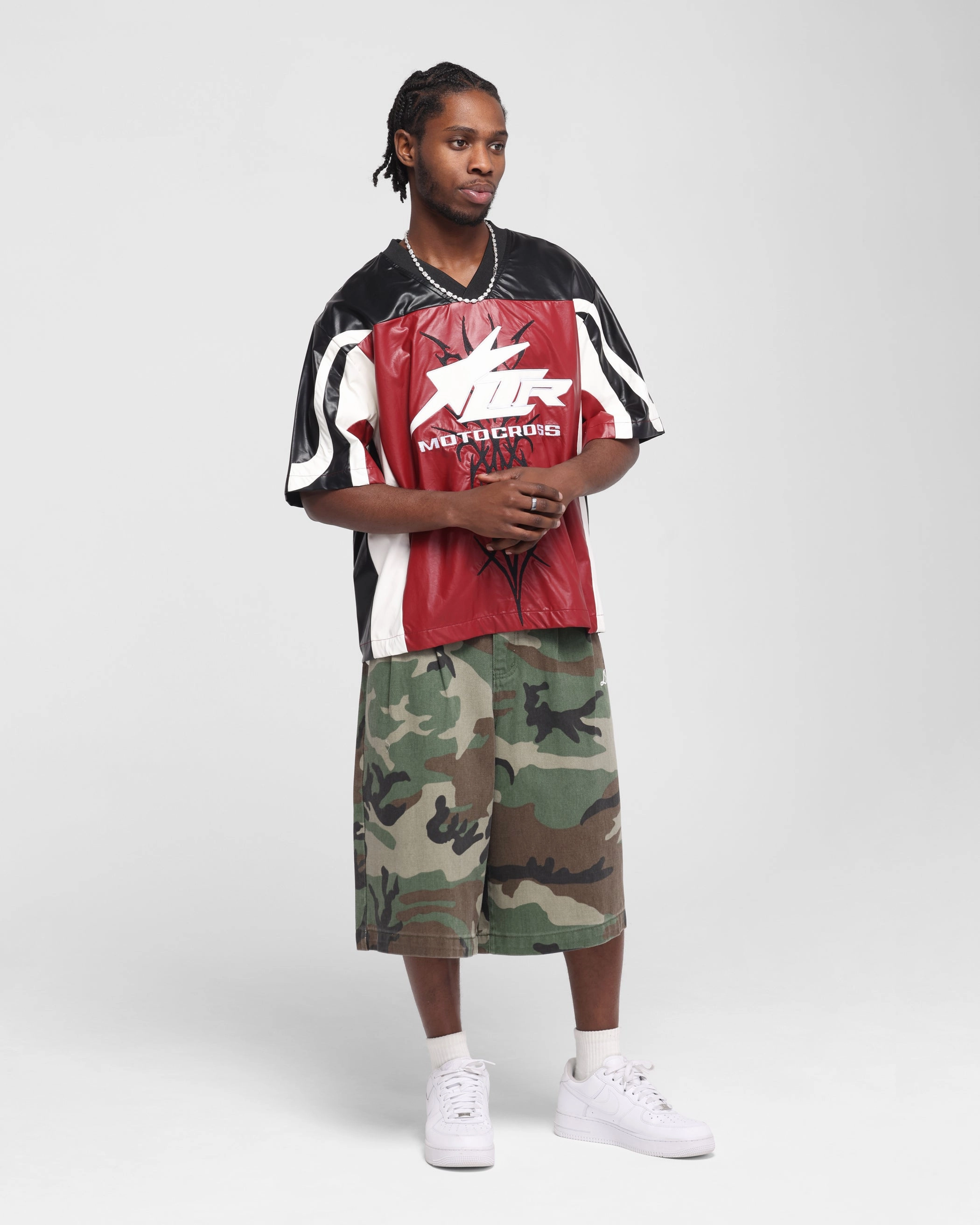 Ventilated Mesh Panel Loiter Vegan Leather Football Top Red/Black