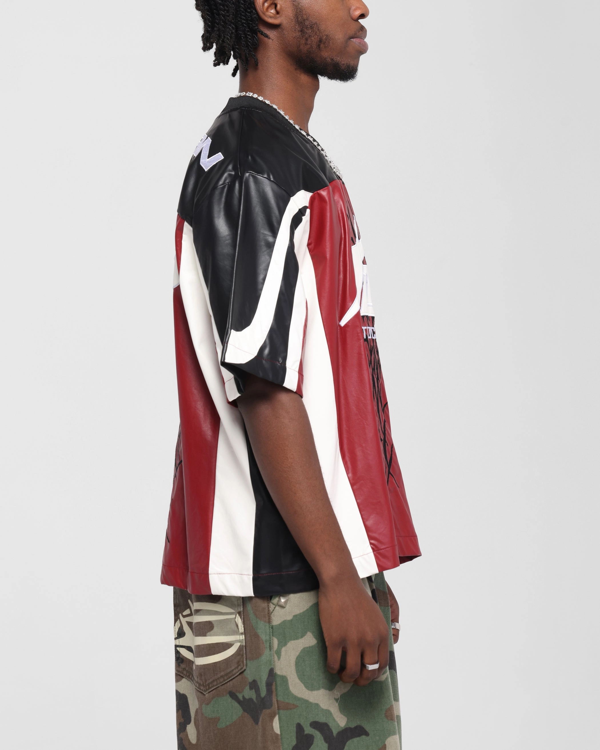 Double Stitched Hemming Loiter Vegan Leather Football Top Red/Black