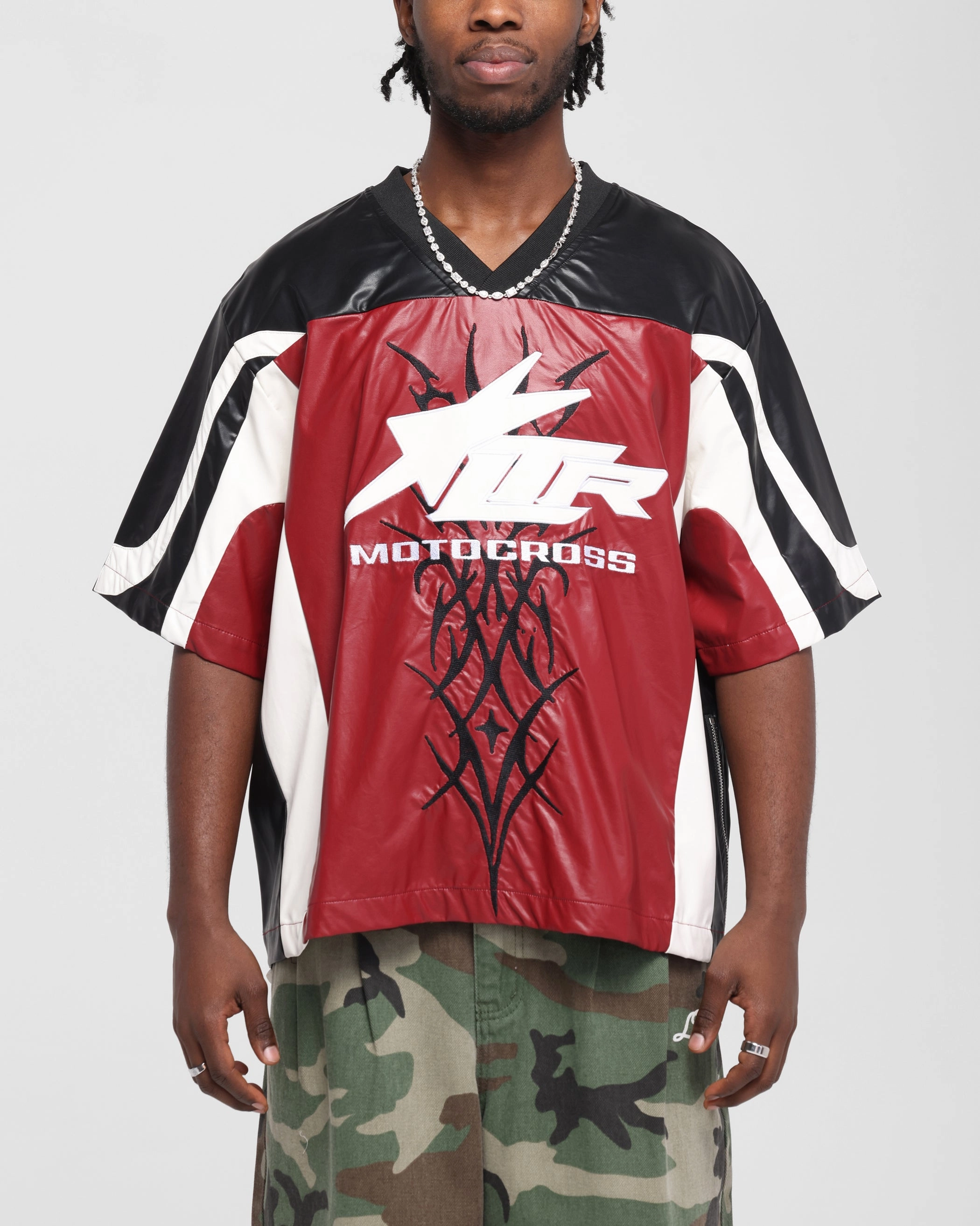 Loiter Vegan Leather Football Top Red/Black Breathable Performance Temperature Regulating Fabric