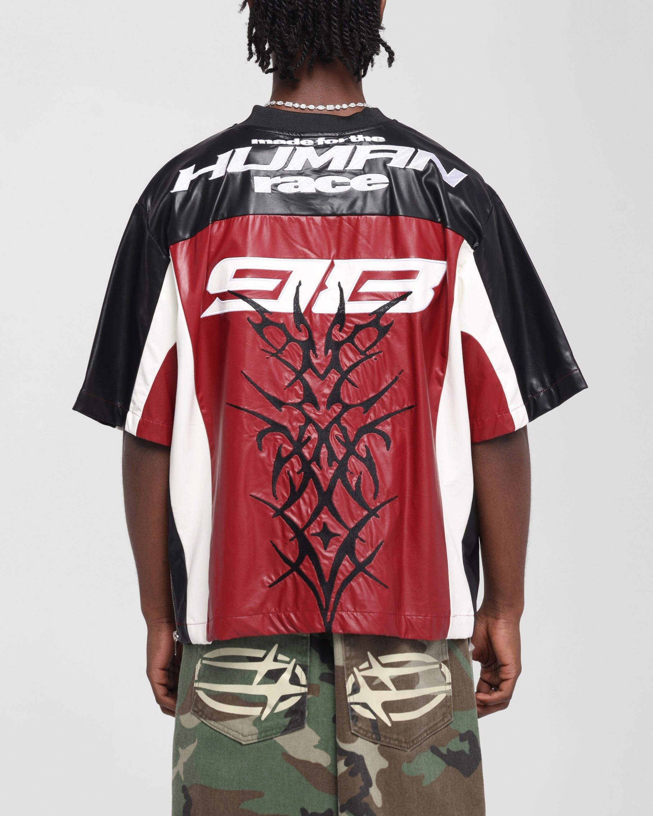 Multi Directional Stretch Panels Loiter Vegan Leather Football Top Red/Black
