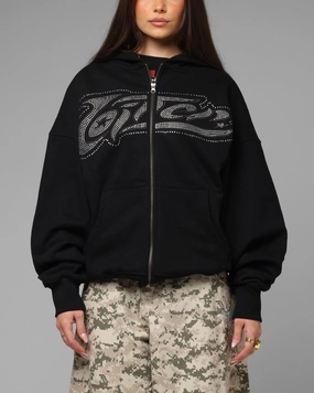 Sporty Style Loiter Weezy Rhinestone Zip Hoodie Black
