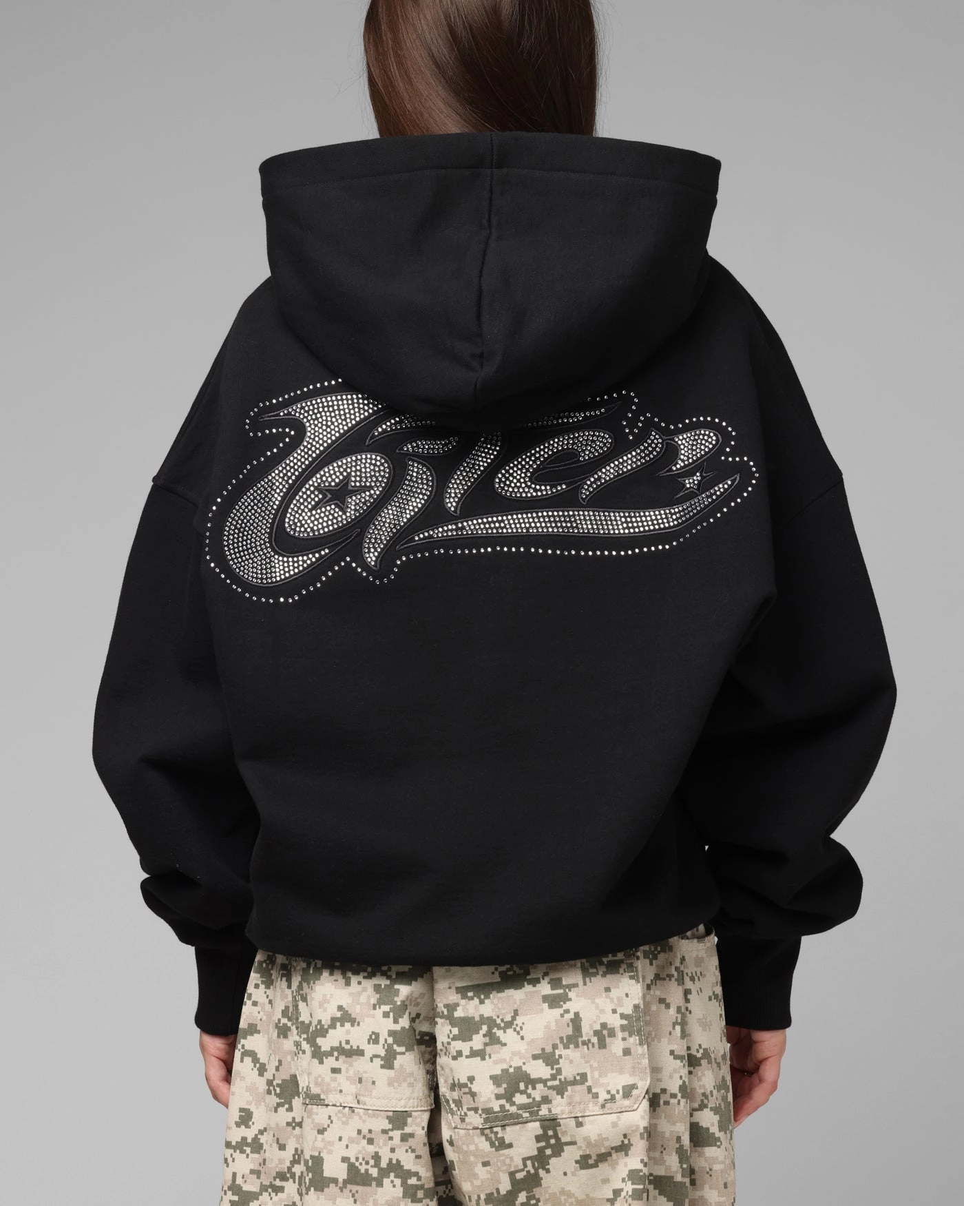 Discount Honor Loiter Weezy Rhinestone Zip Hoodie Black