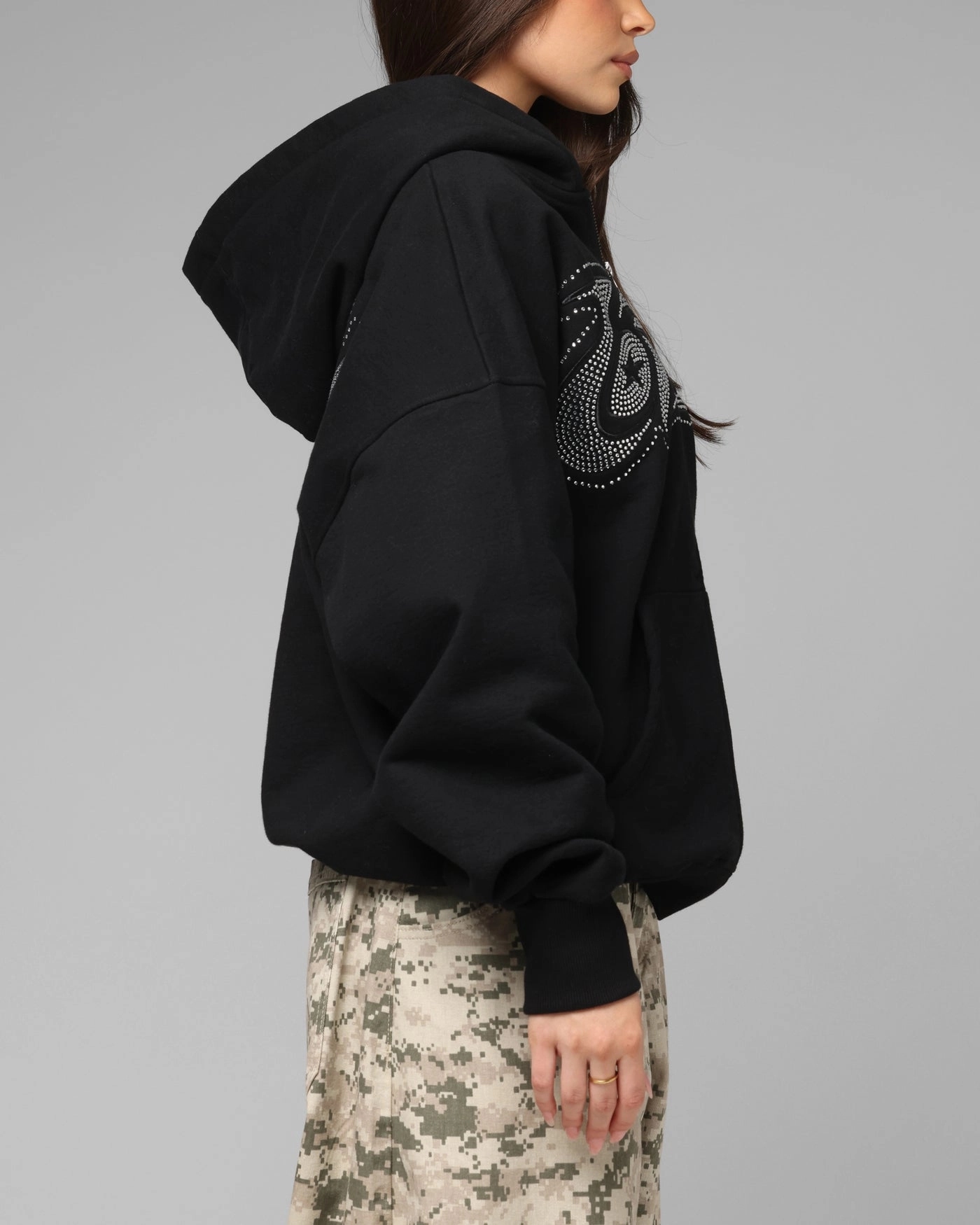 Loiter Weezy Rhinestone Zip Hoodie Black Athletic Fit FlexibleMovement