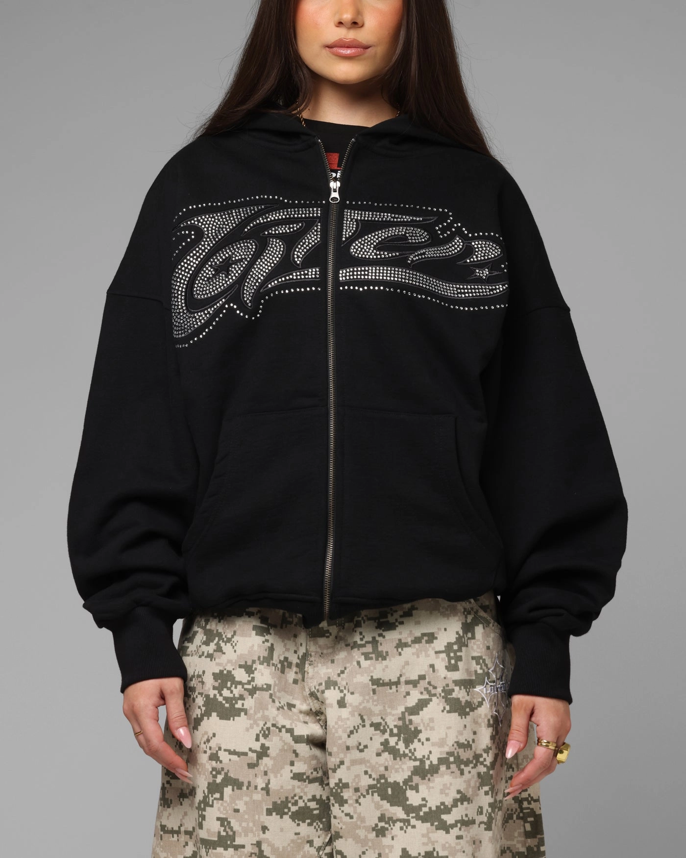 Sporty Style Loiter Weezy Rhinestone Zip Hoodie Black