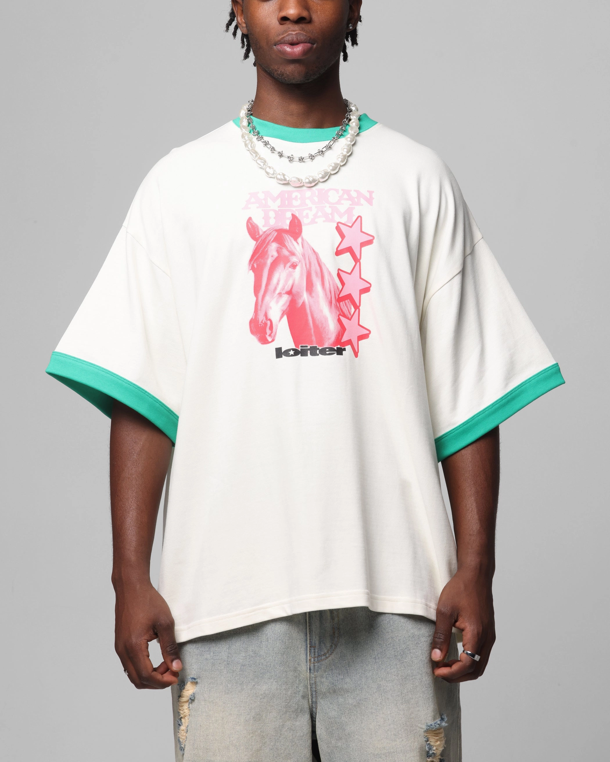 Loiter Western Front Ringer T-Shirt White/Green Cool and casual