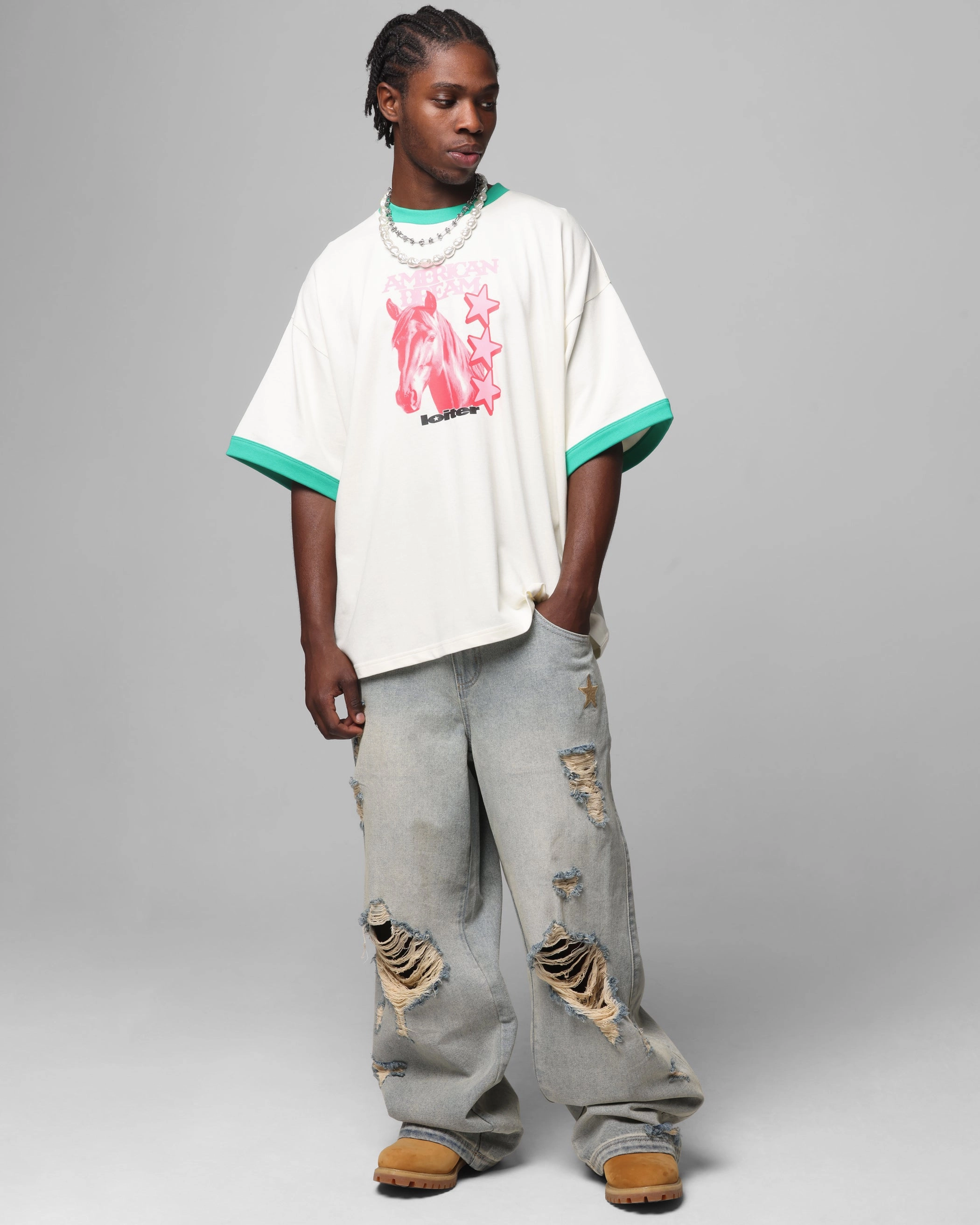 Loiter Western Front Ringer T-Shirt White/Green Fashion-Forward Look Classic Wearable