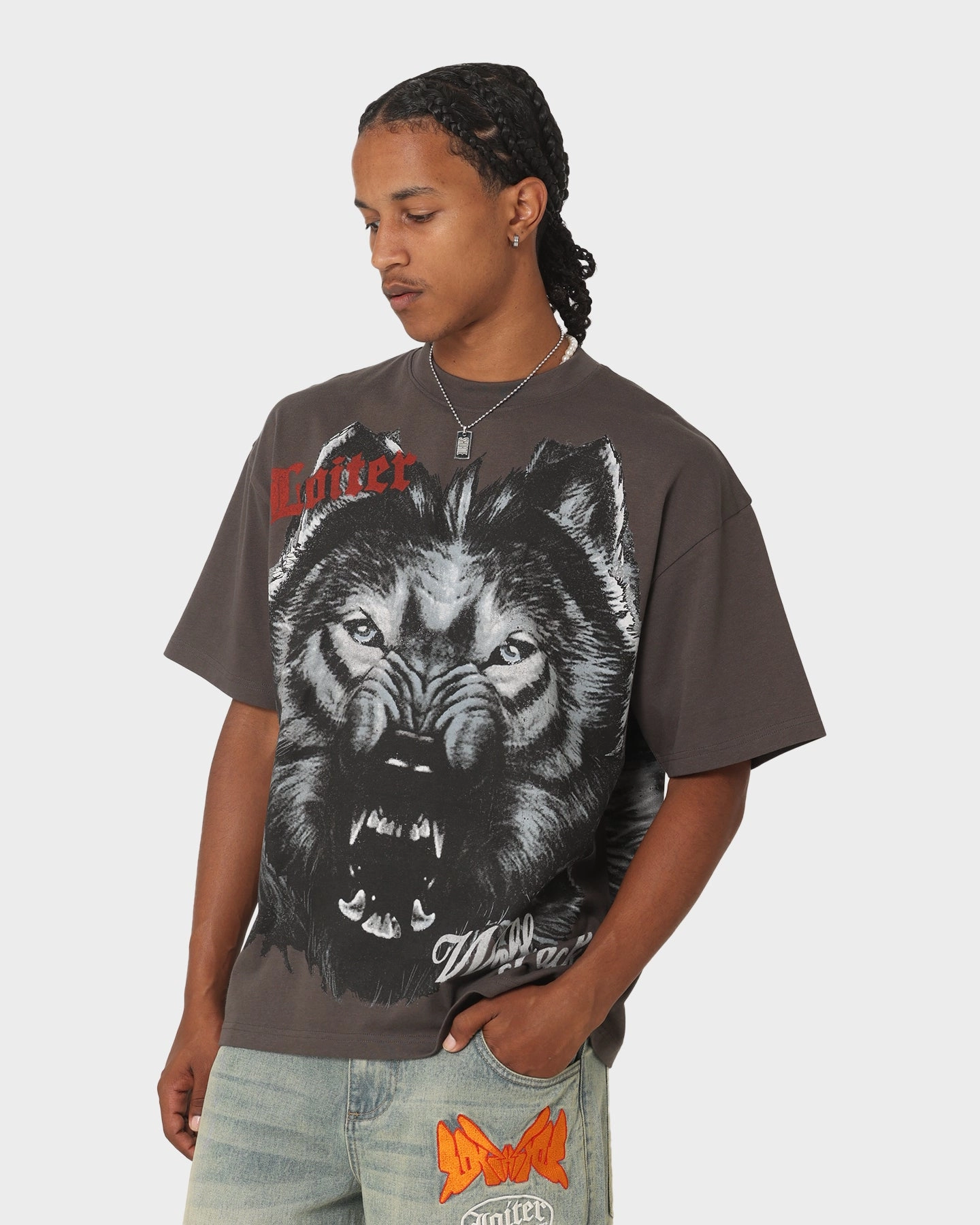 Loiter Wolf Pack Vintage T-Shirt Charcoal Flexible Cuff Design Adjustable Hem